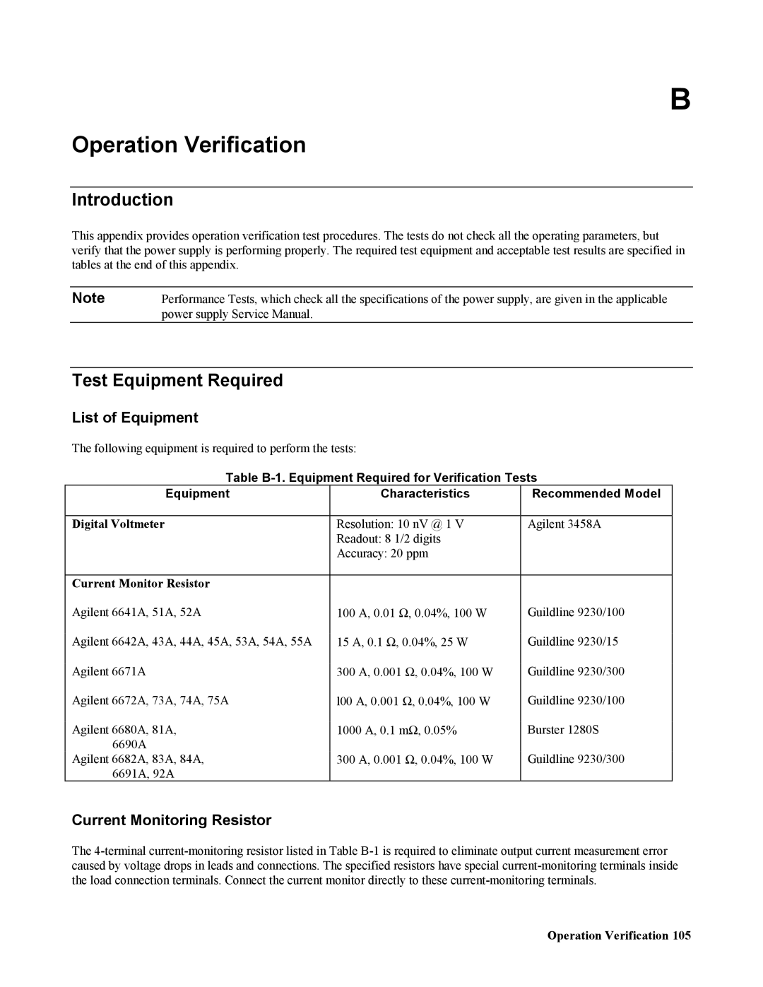 Agilent Technologies 665xA Operation Verification, Test Equipment Required, List of Equipment, Current Monitoring Resistor 