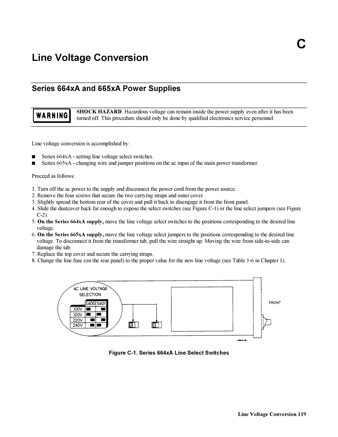 Agilent Technologies 668xA, 667xA, 669xA manual Line Voltage Conversion, Series 664xA and 665xA Power Supplies 