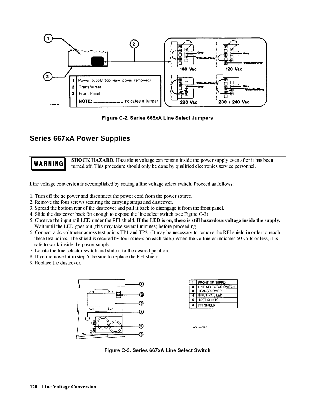 Agilent Technologies 664xA, 669xA, 668xA manual Series 667xA Power Supplies, Figure C-2. Series 665xA Line Select Jumpers 