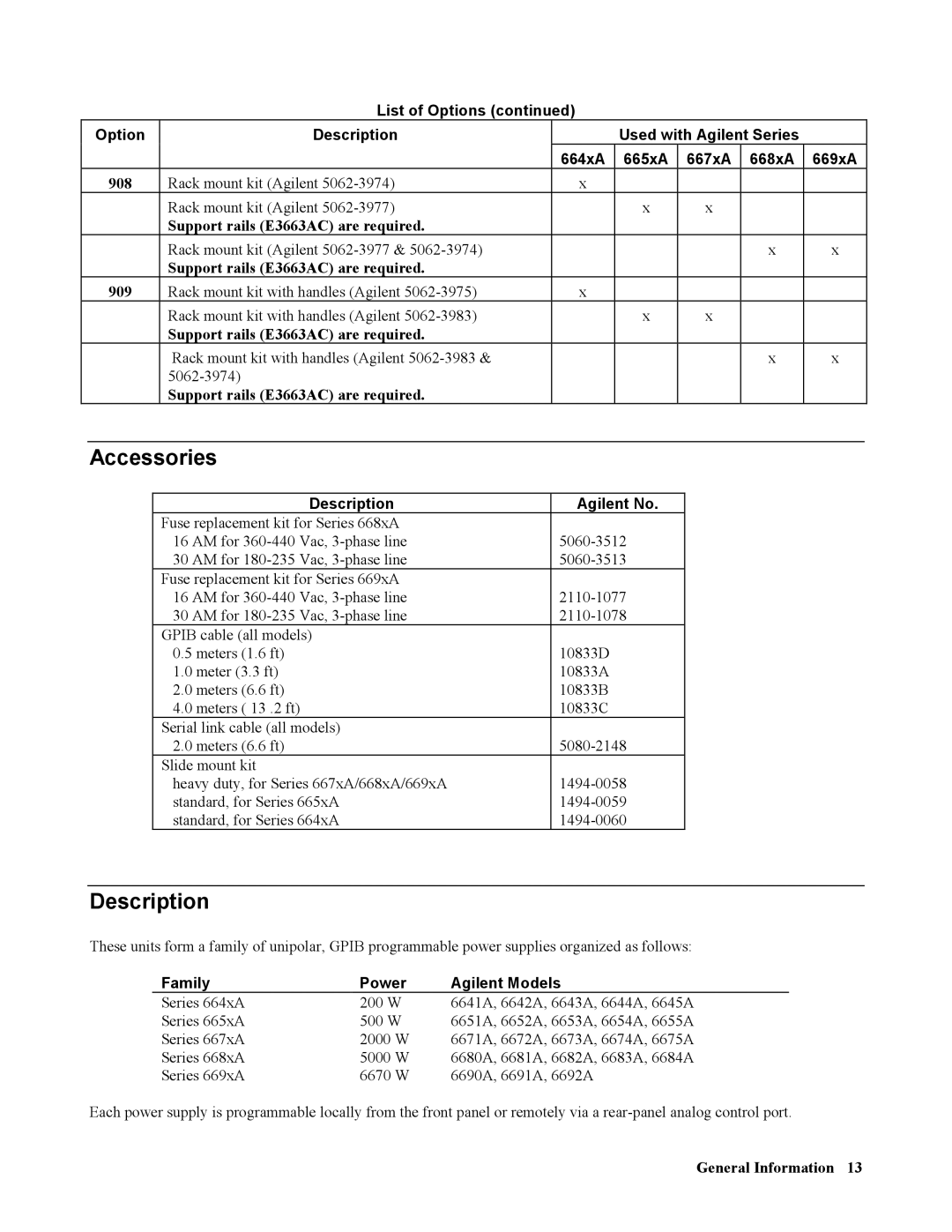 Agilent Technologies 669xA, 665xA, 664xA, 667xA Accessories, Support rails E3663AC are required, Description Agilent No 