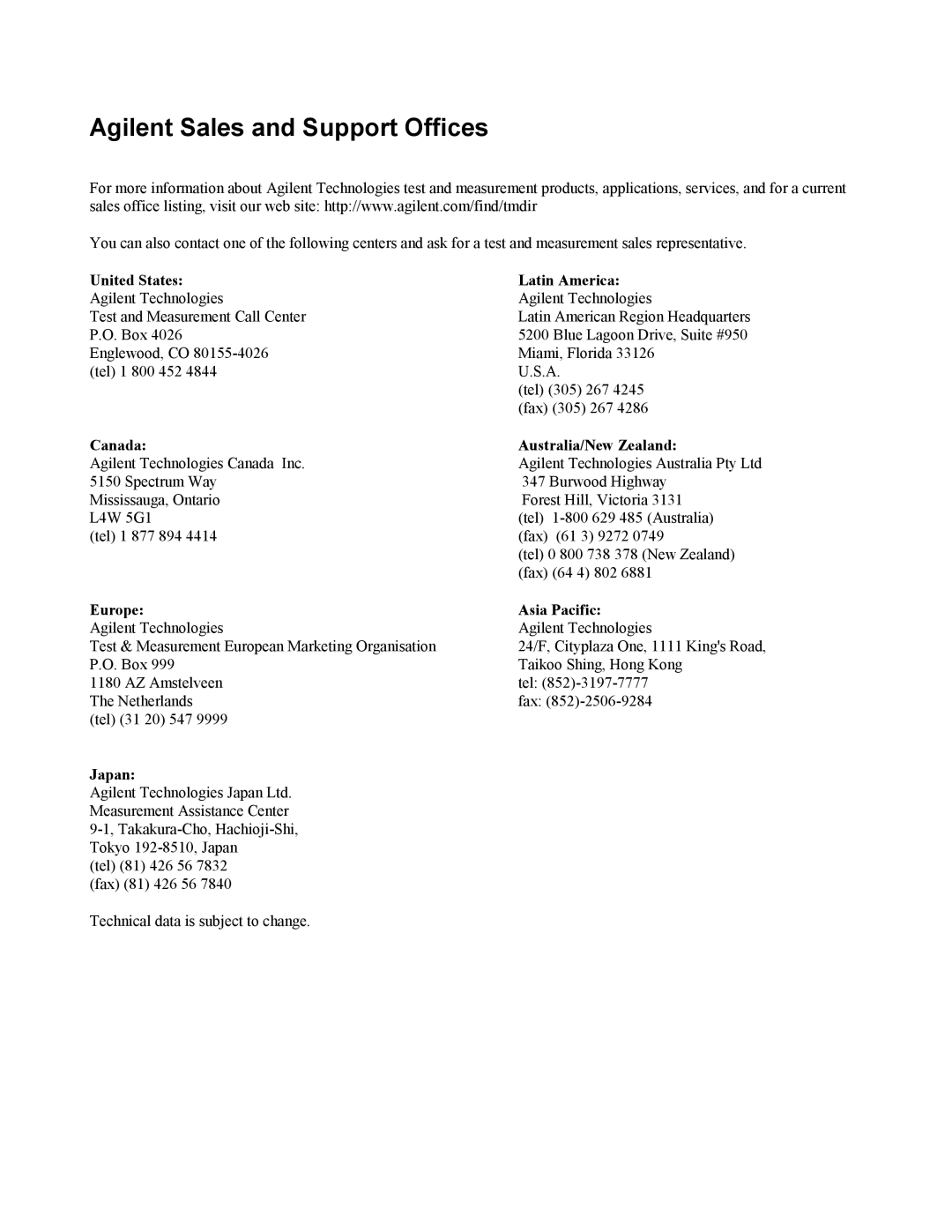 Agilent Technologies 664xA, 665xA United States Latin America, Canada Australia/New Zealand, Europe Asia Pacific, Japan 