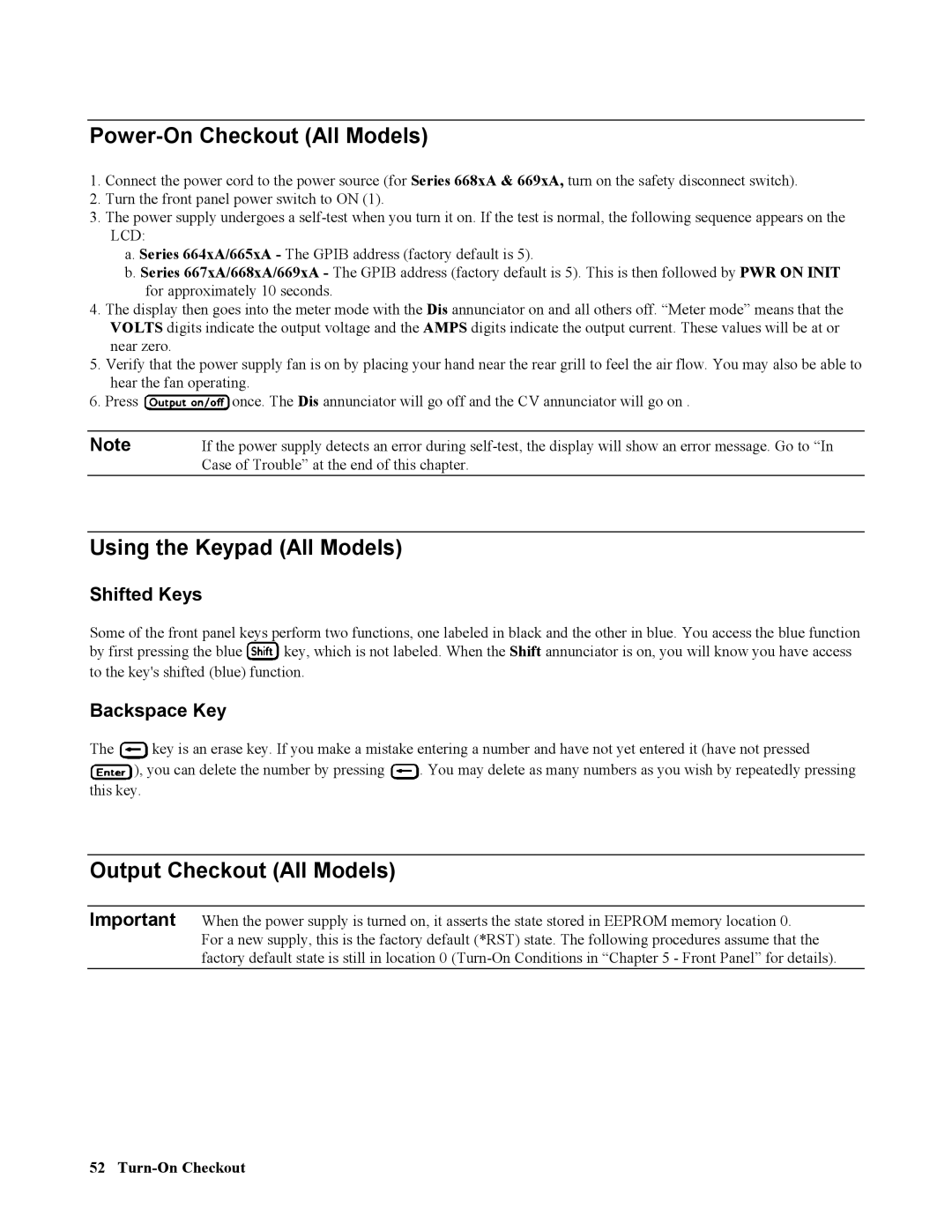 Agilent Technologies 667xA, 665xA Power-On Checkout All Models, Using the Keypad All Models, Output Checkout All Models 