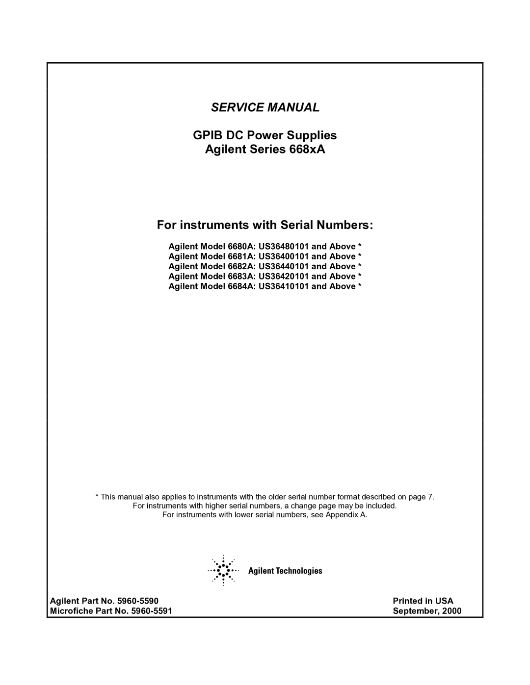 Agilent Technologies 6680A, 6684A, 6683A, 6681A, 6682A service manual Agilent Part No Microfiche Part No September 