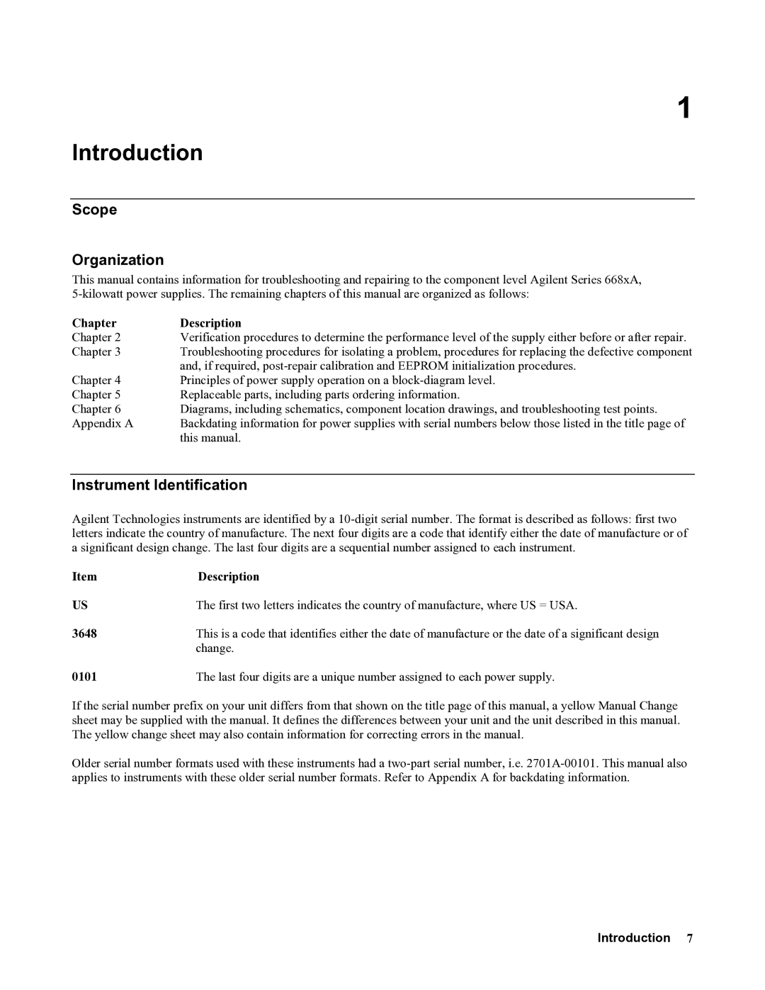 Agilent Technologies 6683A, 6684A, 6680A Scope Organization, Instrument Identification, Chapter Description, Introduction 