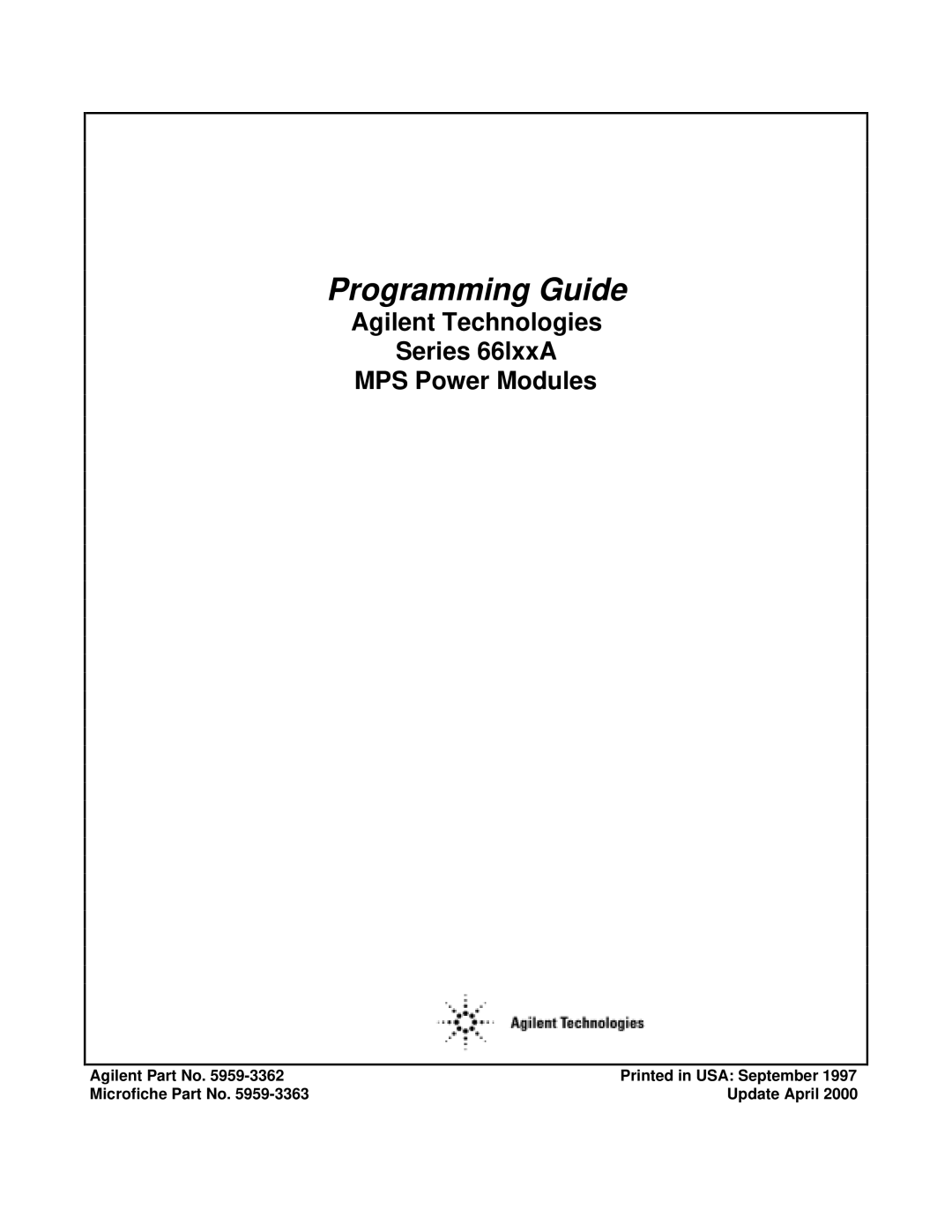 Agilent Technologies 66lxxA manual Programming Guide, Agilent Part No Microfiche Part No Update April 