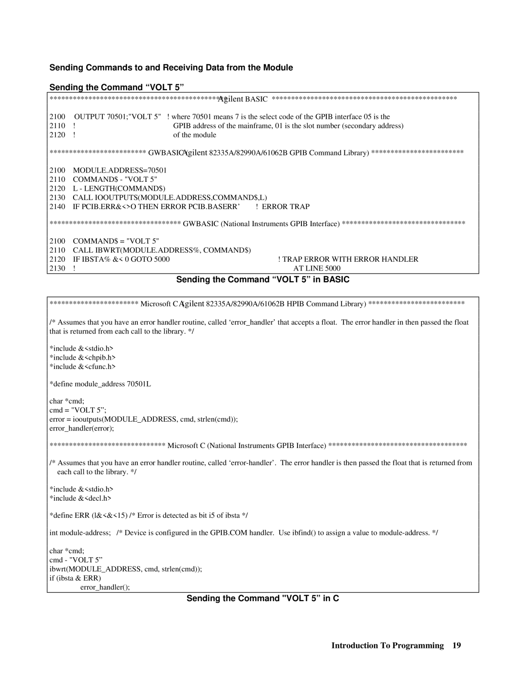 Agilent Technologies 66lxxA manual Sending the Command Volt 5 in Basic, Sending the Command Volt 5 in C 