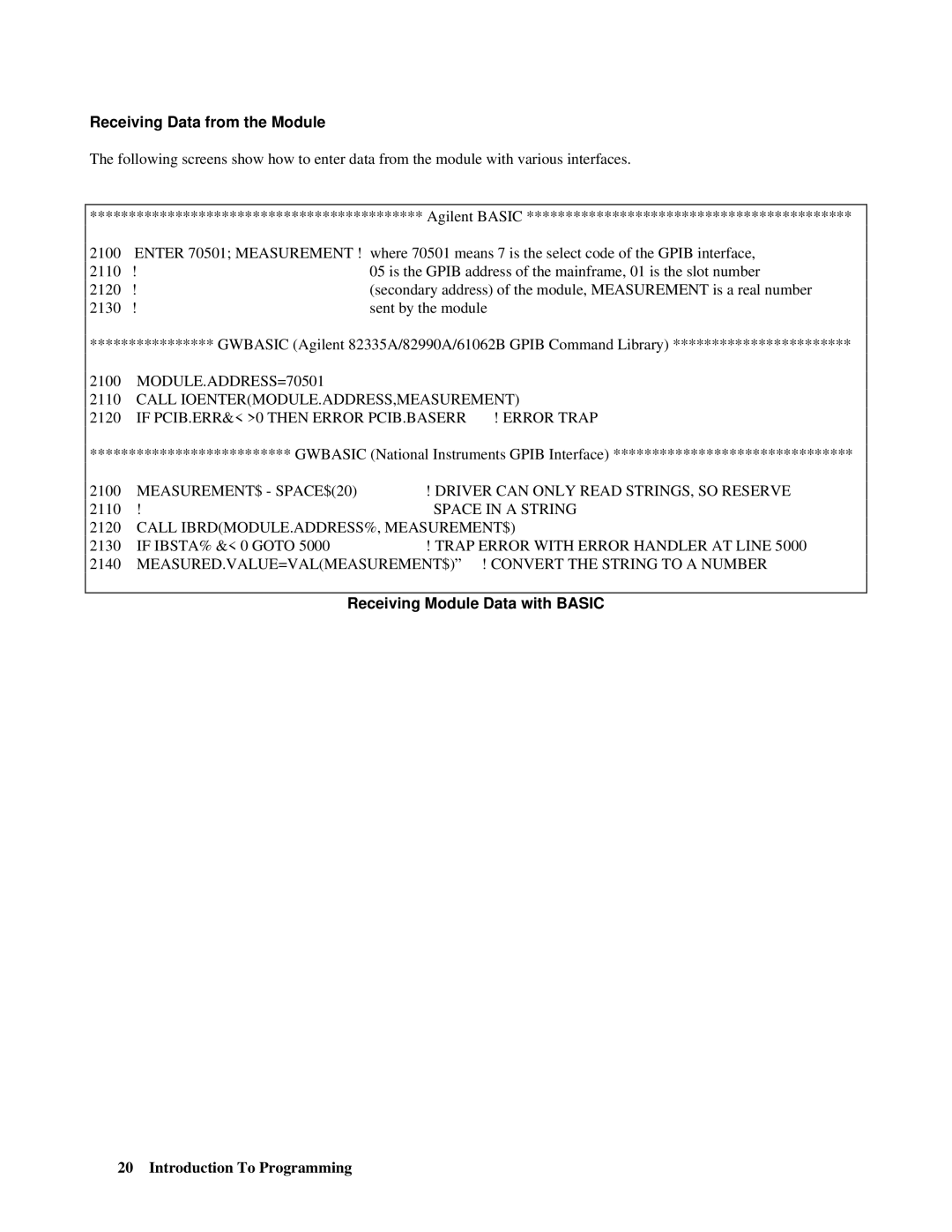 Agilent Technologies 66lxxA manual Receiving Data from the Module, Receiving Module Data with Basic 