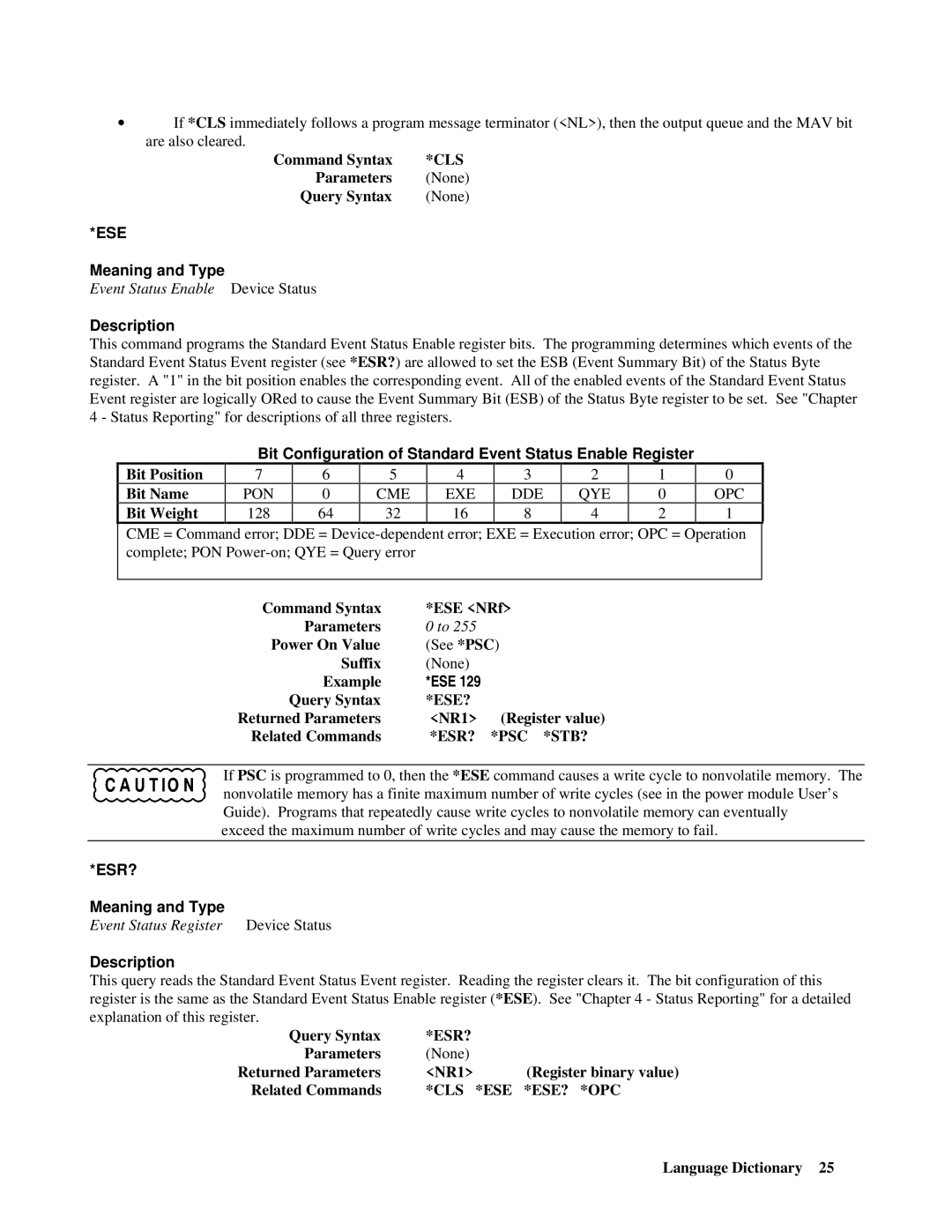 Agilent Technologies 66lxxA manual Ese, Bit Configuration of Standard Event Status Enable Register, Esr? 