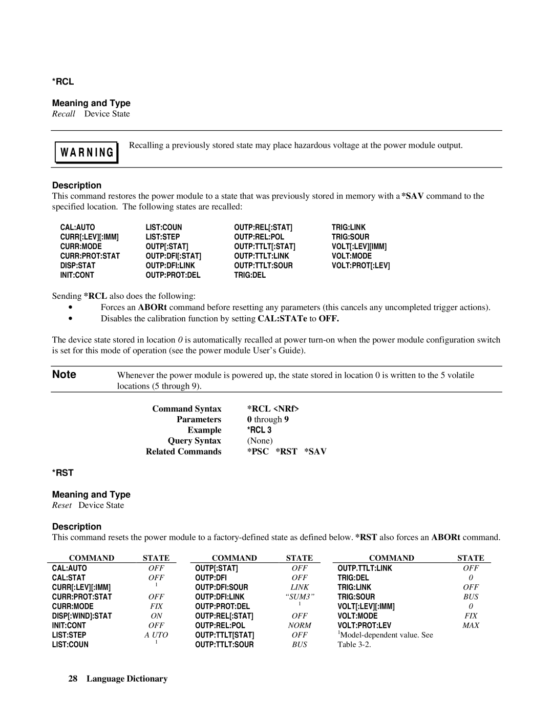 Agilent Technologies 66lxxA manual Rcl, Rst 