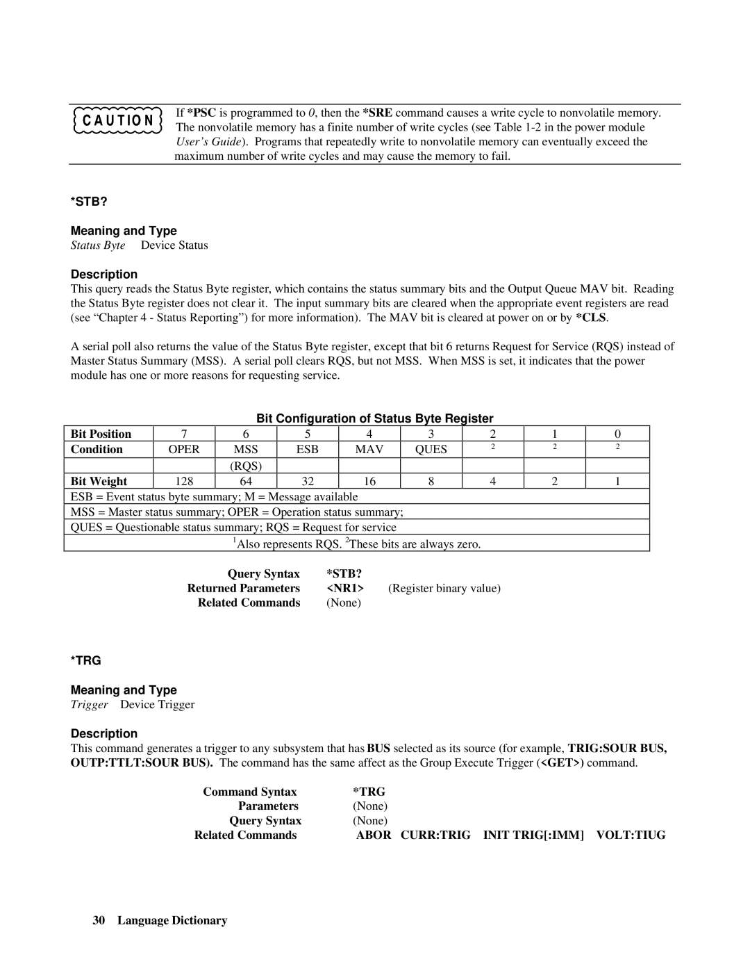 Agilent Technologies 66lxxA manual Stb?, Bit Configuration of Status Byte Register, Trg 