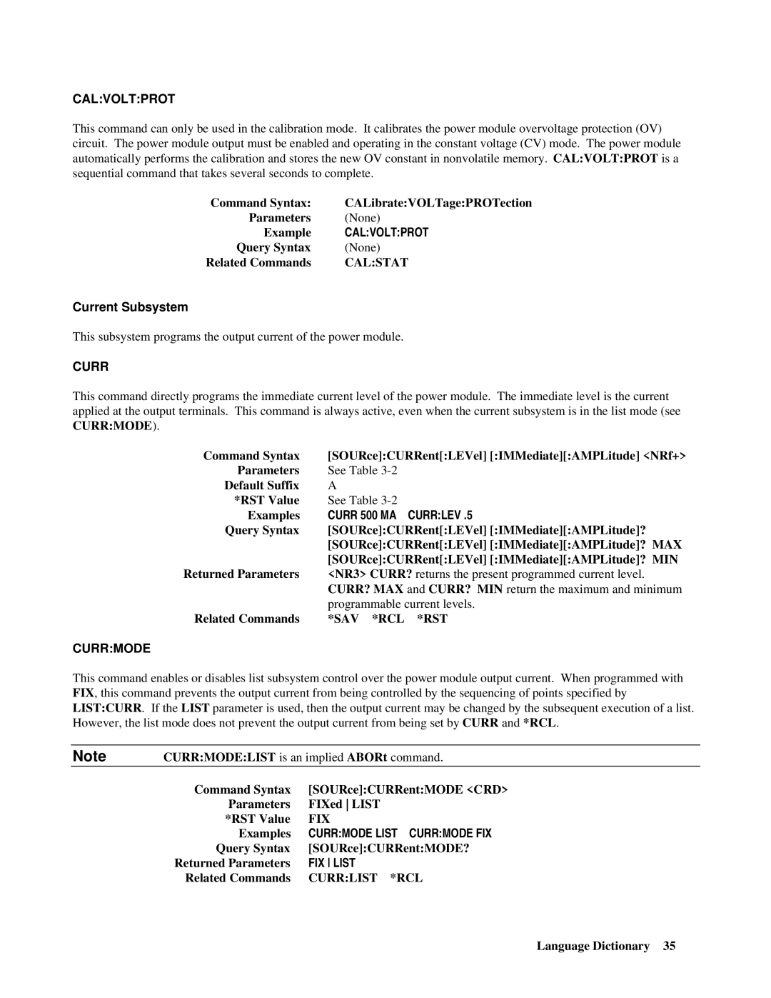 Agilent Technologies 66lxxA manual Calvoltprot, Curr 500 MA Currlev, Currmode List Currmode FIX, FIX List 