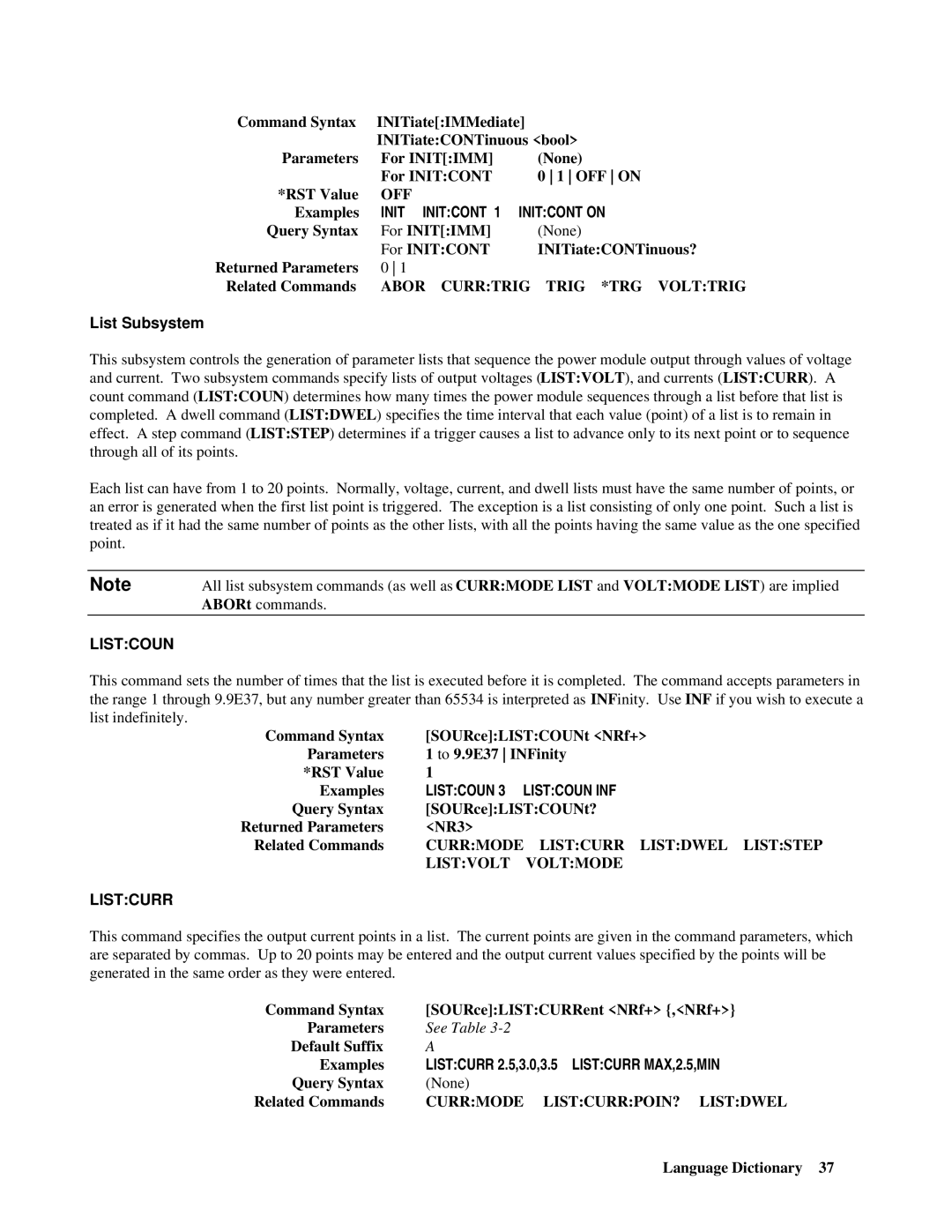 Agilent Technologies 66lxxA manual Init Initcont 1 Initcont on, Listcoun Listcoun INF, Listcurr 