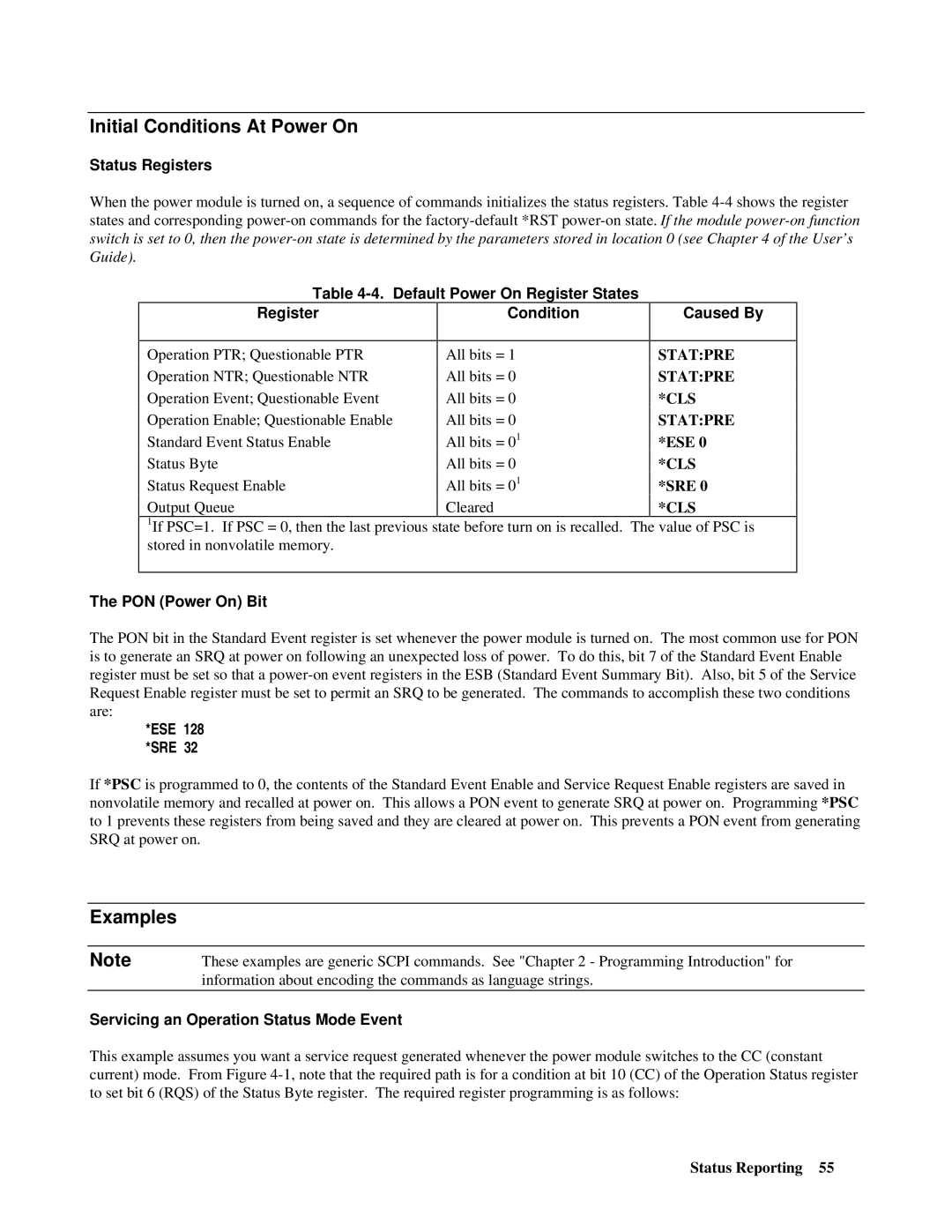 Agilent Technologies 66lxxA manual Initial Conditions At Power On, Examples 