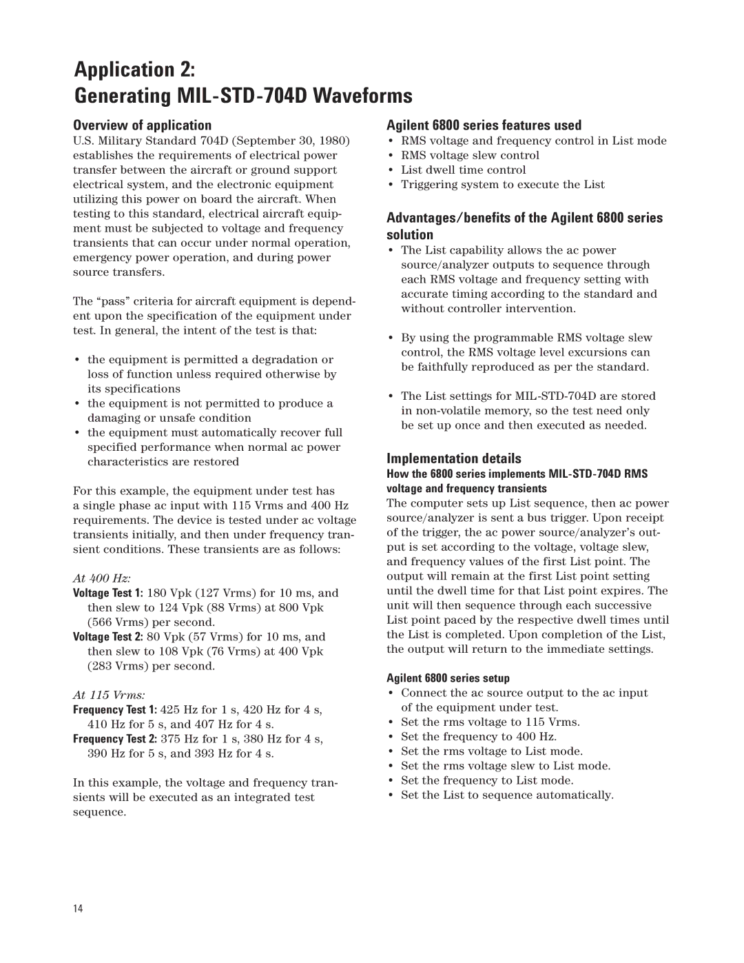 Agilent Technologies 6800 manual Application Generating MIL-STD-704D Waveforms, At 400 Hz 