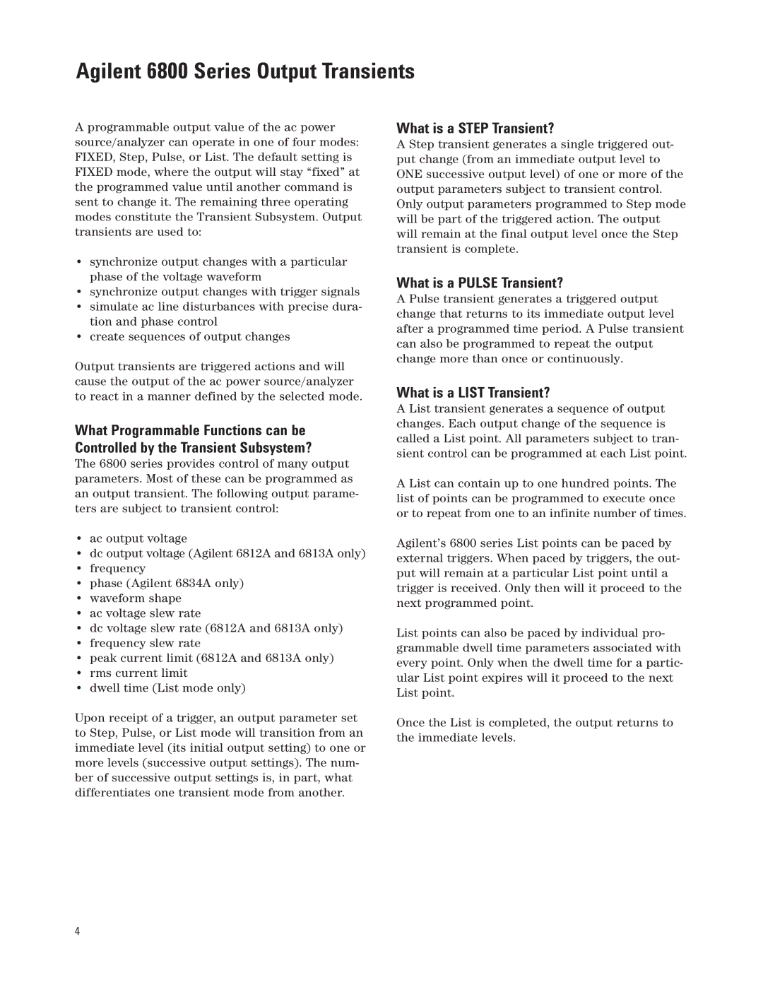 Agilent Technologies manual Agilent 6800 Series Output Transients, What is a Step Transient?, What is a Pulse Transient? 