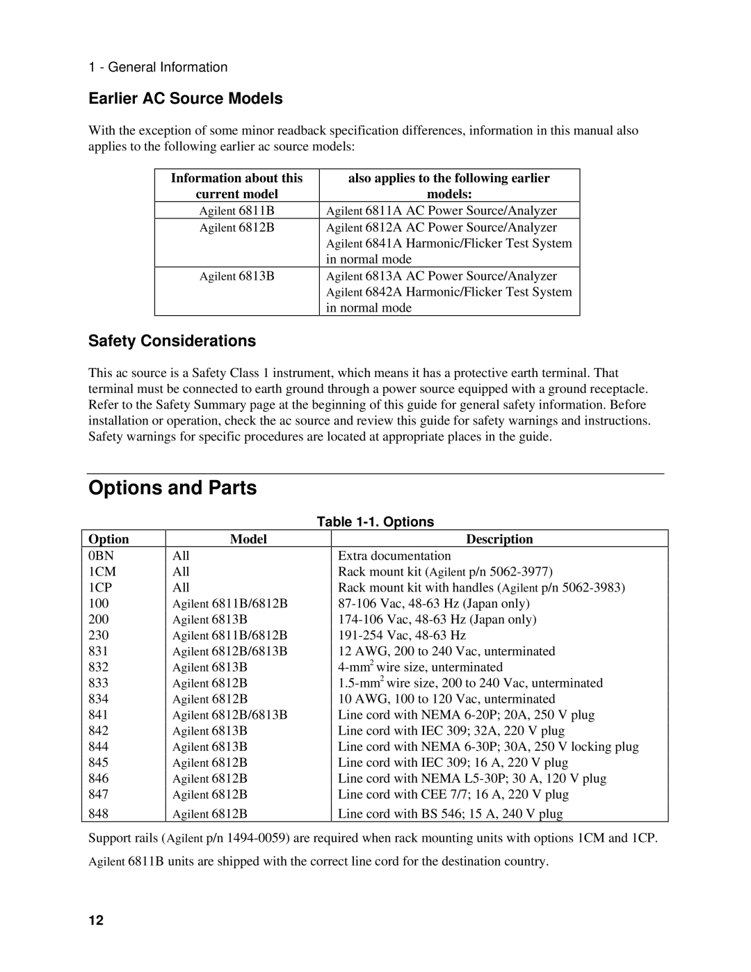 Agilent Technologies 6813B, 6811B, 6812B manual Options and Parts, Earlier AC Source Models, Safety Considerations 