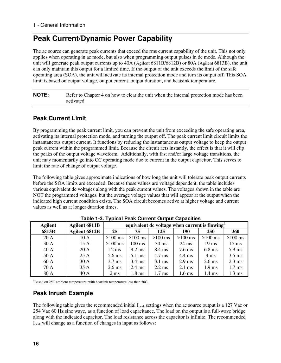 Agilent Technologies 6811B, 6813B, 6812B Peak Current/Dynamic Power Capability, Peak Current Limit, Peak Inrush Example 