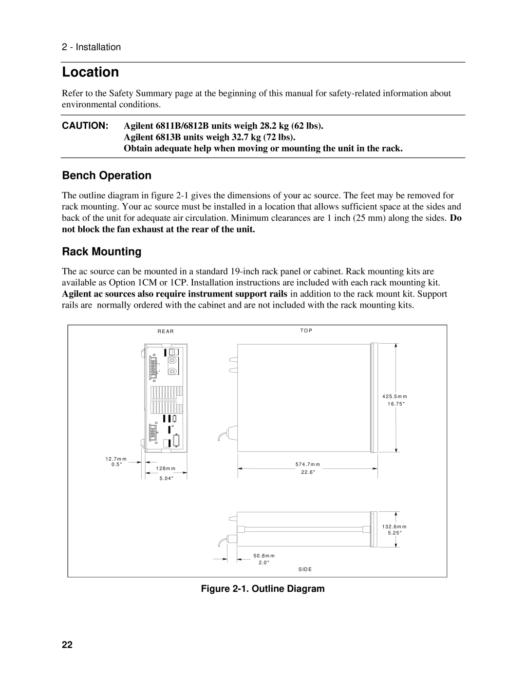 Agilent Technologies 6811B Location, Bench Operation, Rack Mounting, Not block the fan exhaust at the rear of the unit 