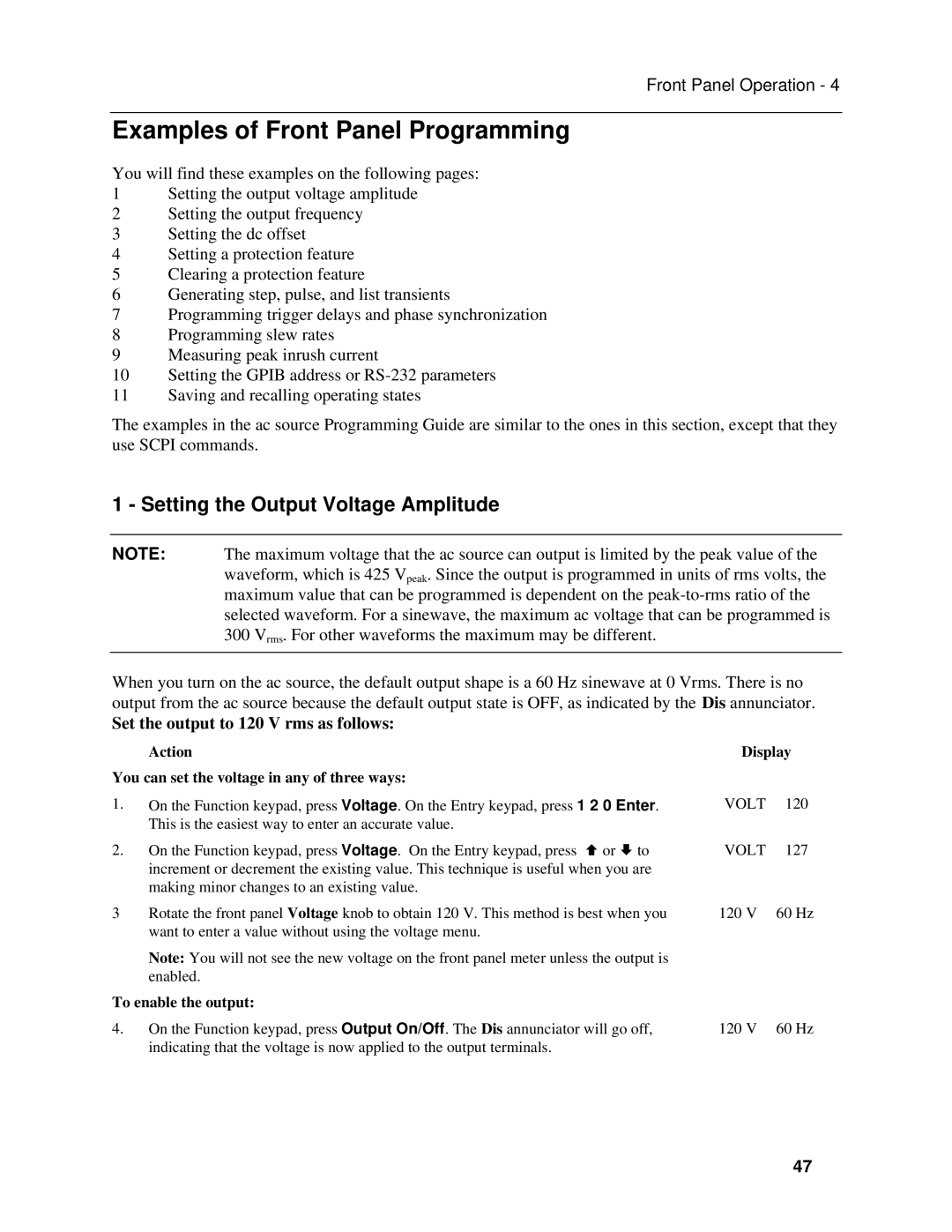 Agilent Technologies 6812B, 6813B, 6811B manual Examples of Front Panel Programming, Setting the Output Voltage Amplitude 