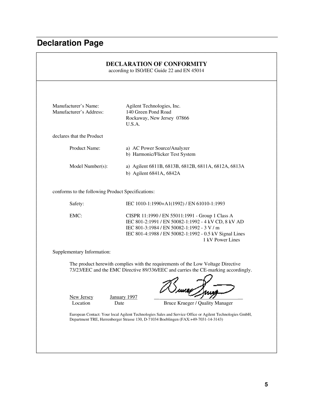 Agilent Technologies 6812B, 6813B, 6811B manual Declaration, Emc 