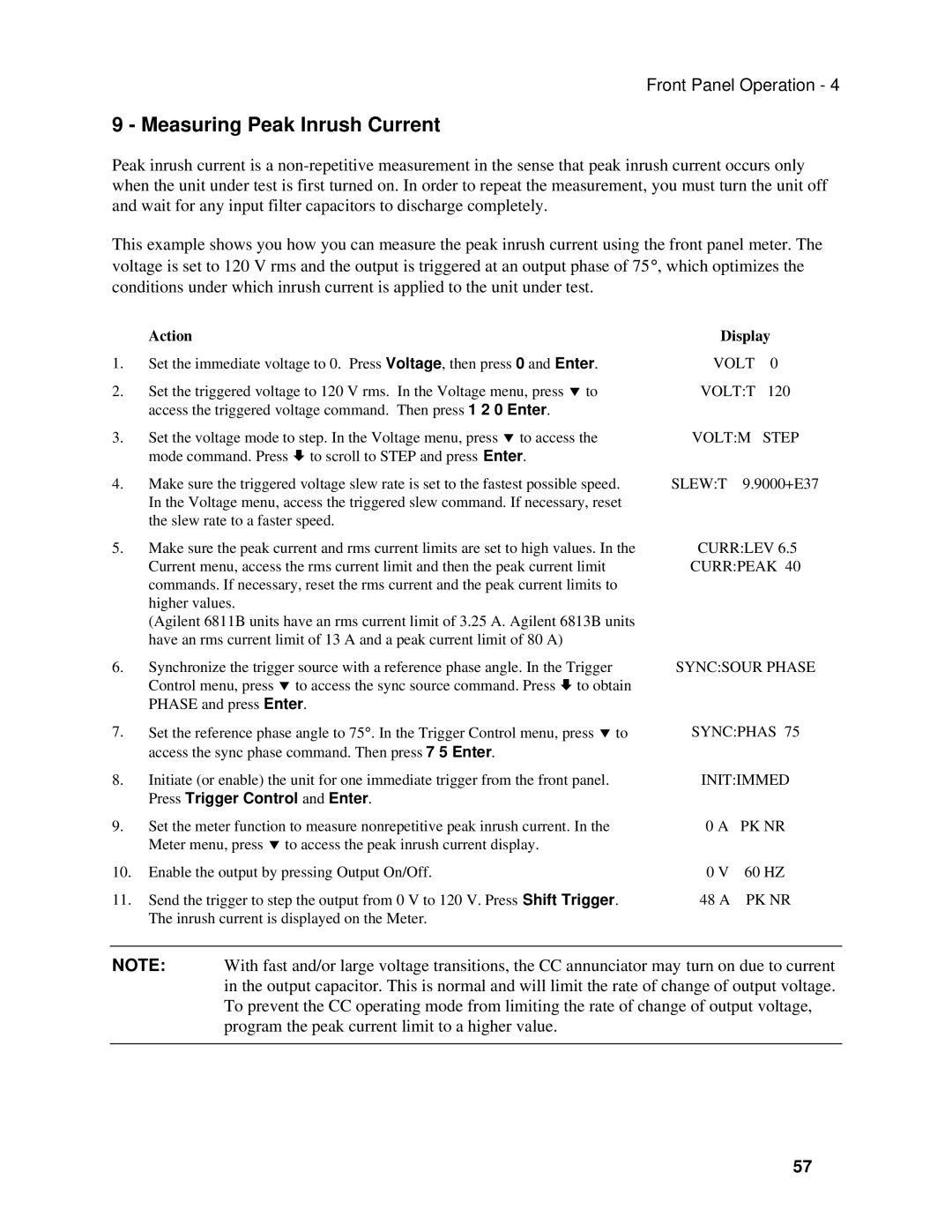 Agilent Technologies 6813B, 6811B, 6812B Measuring Peak Inrush Current, Currlev, Currpeak, Syncsour Phase Syncphas, Pk Nr 