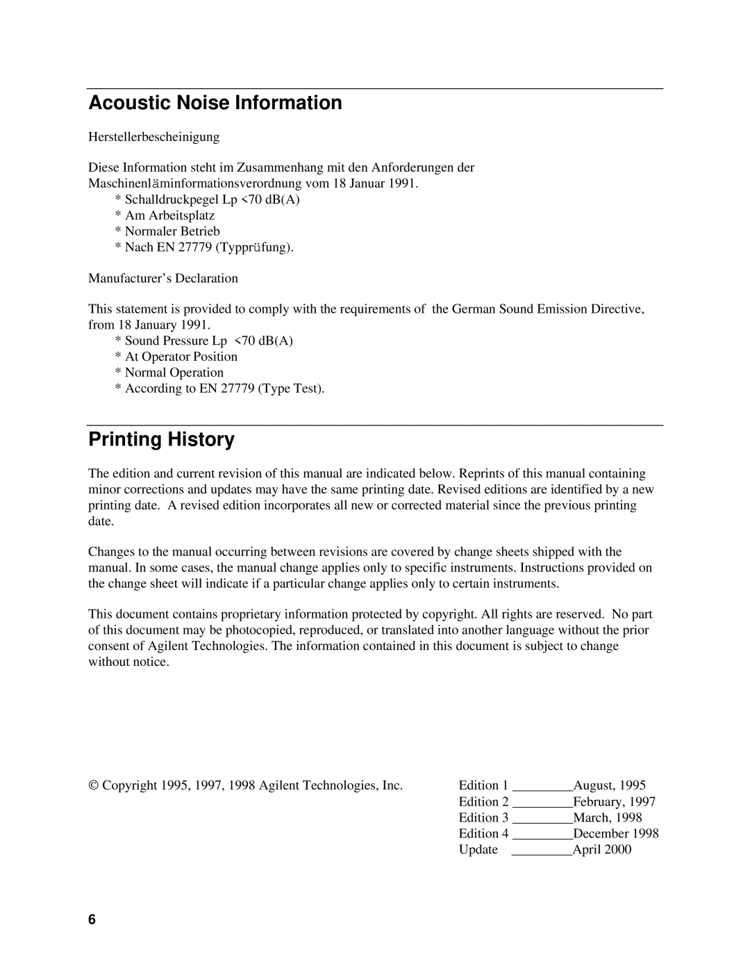 Agilent Technologies 6813B, 6811B, 6812B manual Acoustic Noise Information, Printing History 