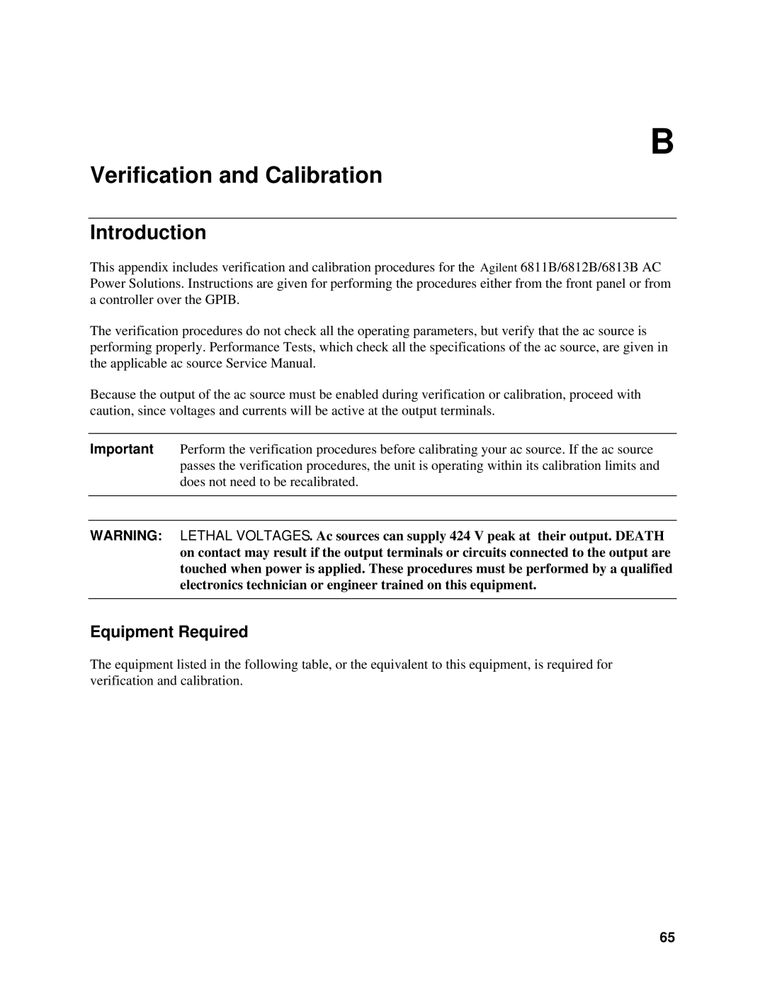 Agilent Technologies 6812B, 6813B, 6811B manual Verification and Calibration, Equipment Required 