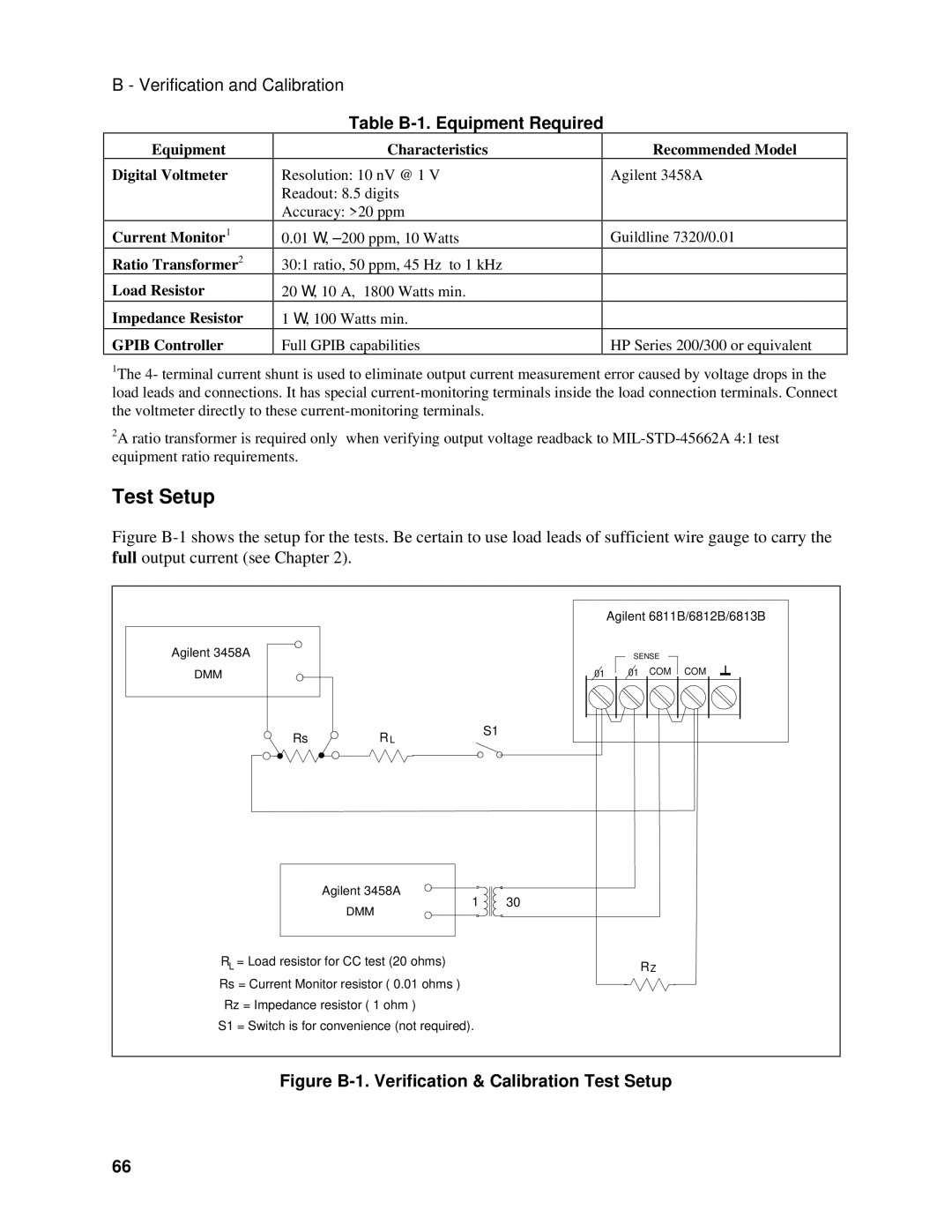 Agilent Technologies 6813B, 6811B, 6812B manual Test Setup, Table B-1. Equipment Required, Recommended Model 