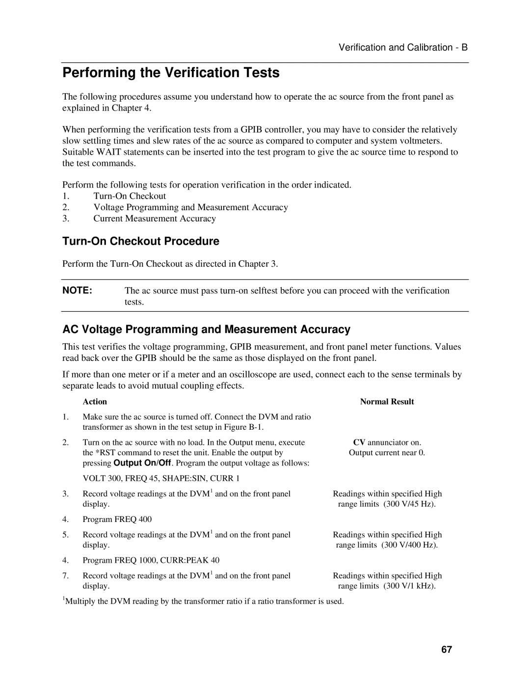 Agilent Technologies 6811B, 6813B manual Performing the Verification Tests, Turn-On Checkout Procedure, Action Normal Result 