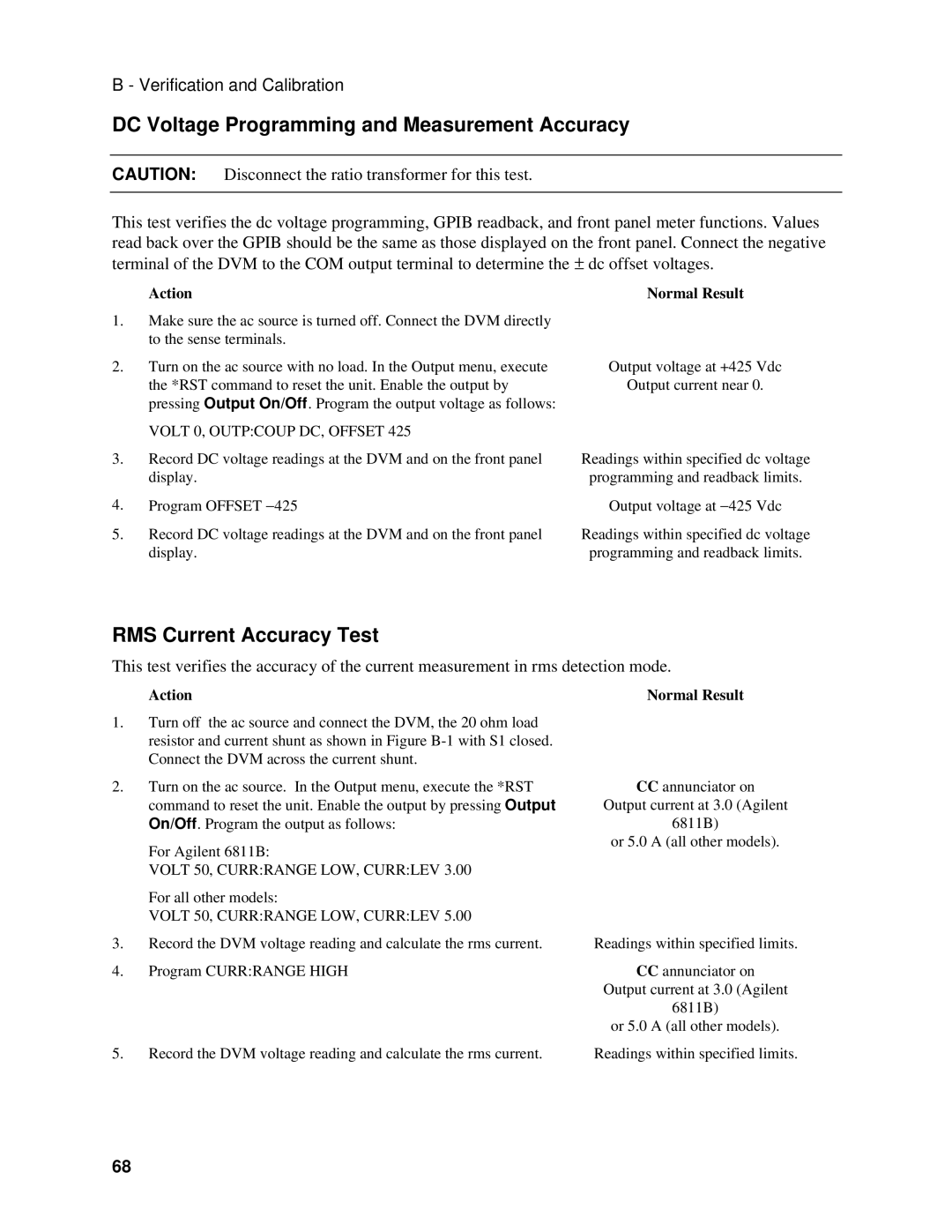 Agilent Technologies 6812B, 6813B, 6811B manual DC Voltage Programming and Measurement Accuracy, RMS Current Accuracy Test 