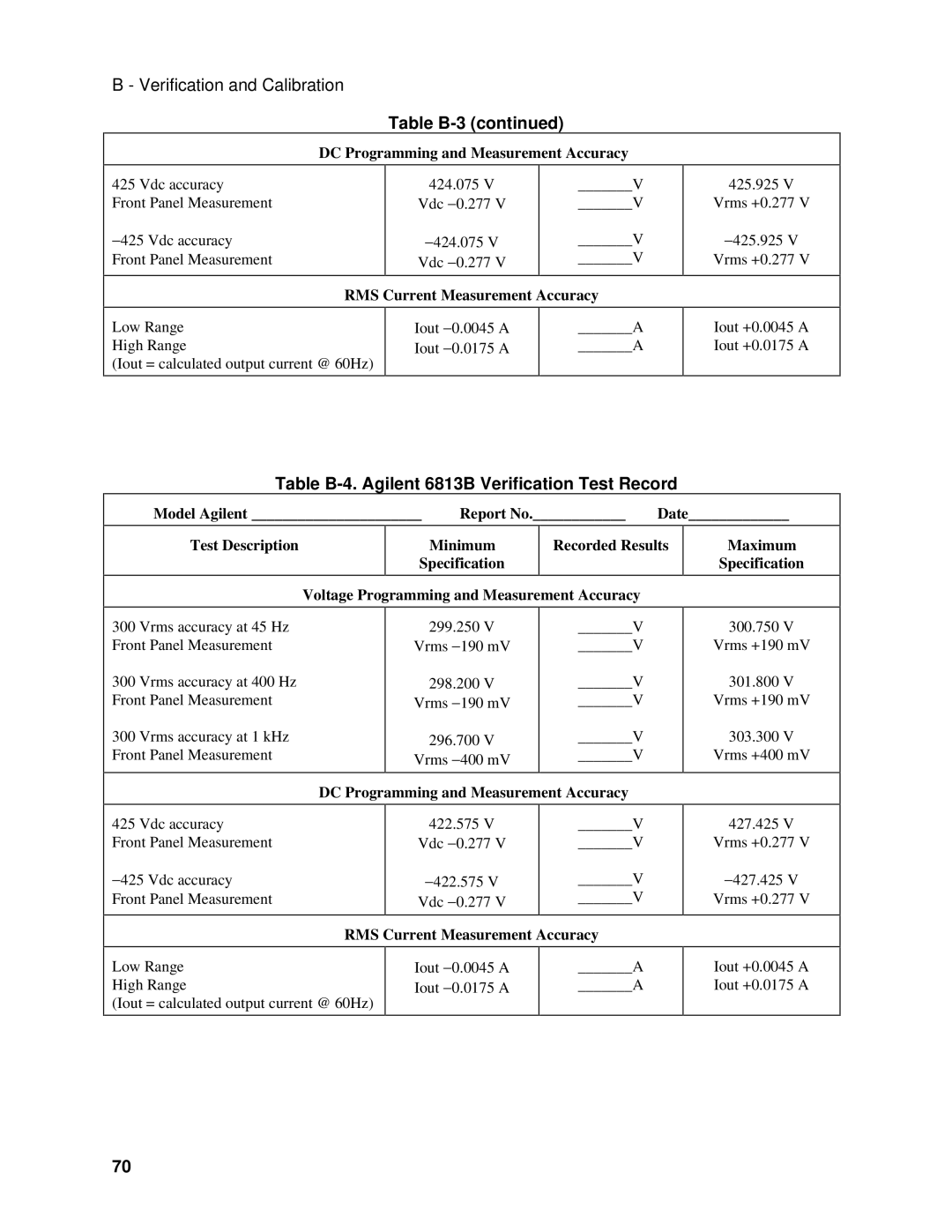 Agilent Technologies 6811B, 6812B manual Table B-3, Table B-4. Agilent 6813B Verification Test Record 