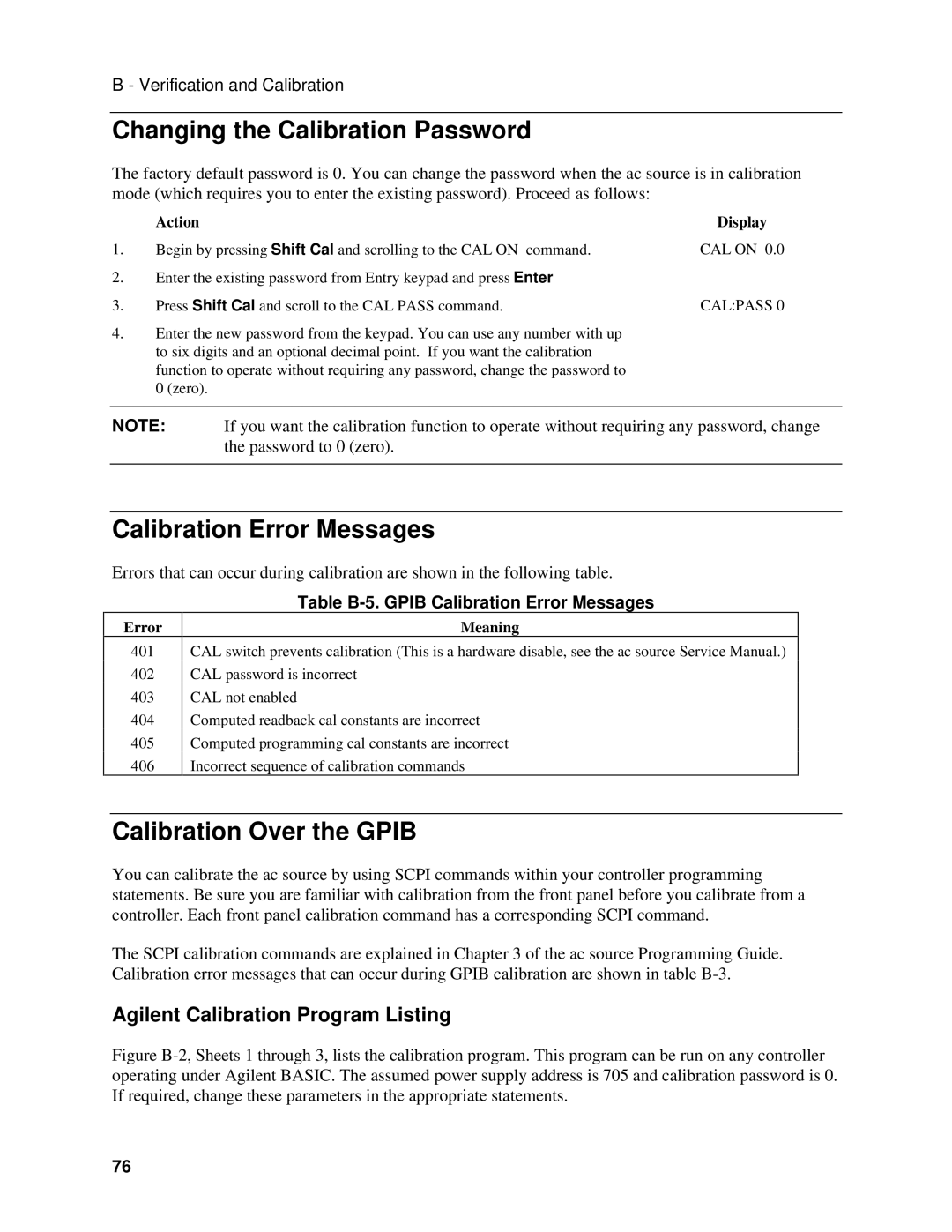 Agilent Technologies 6811B, 6813B Changing the Calibration Password, Calibration Error Messages, Calibration Over the Gpib 