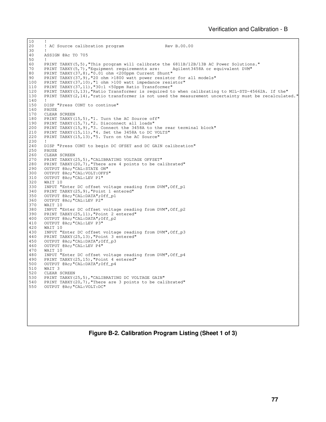 Agilent Technologies 6812B, 6813B, 6811B manual Figure B-2. Calibration Program Listing Sheet 1 