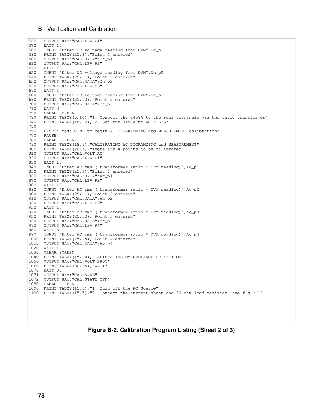 Agilent Technologies 6813B, 6811B, 6812B manual Figure B-2. Calibration Program Listing Sheet 2 