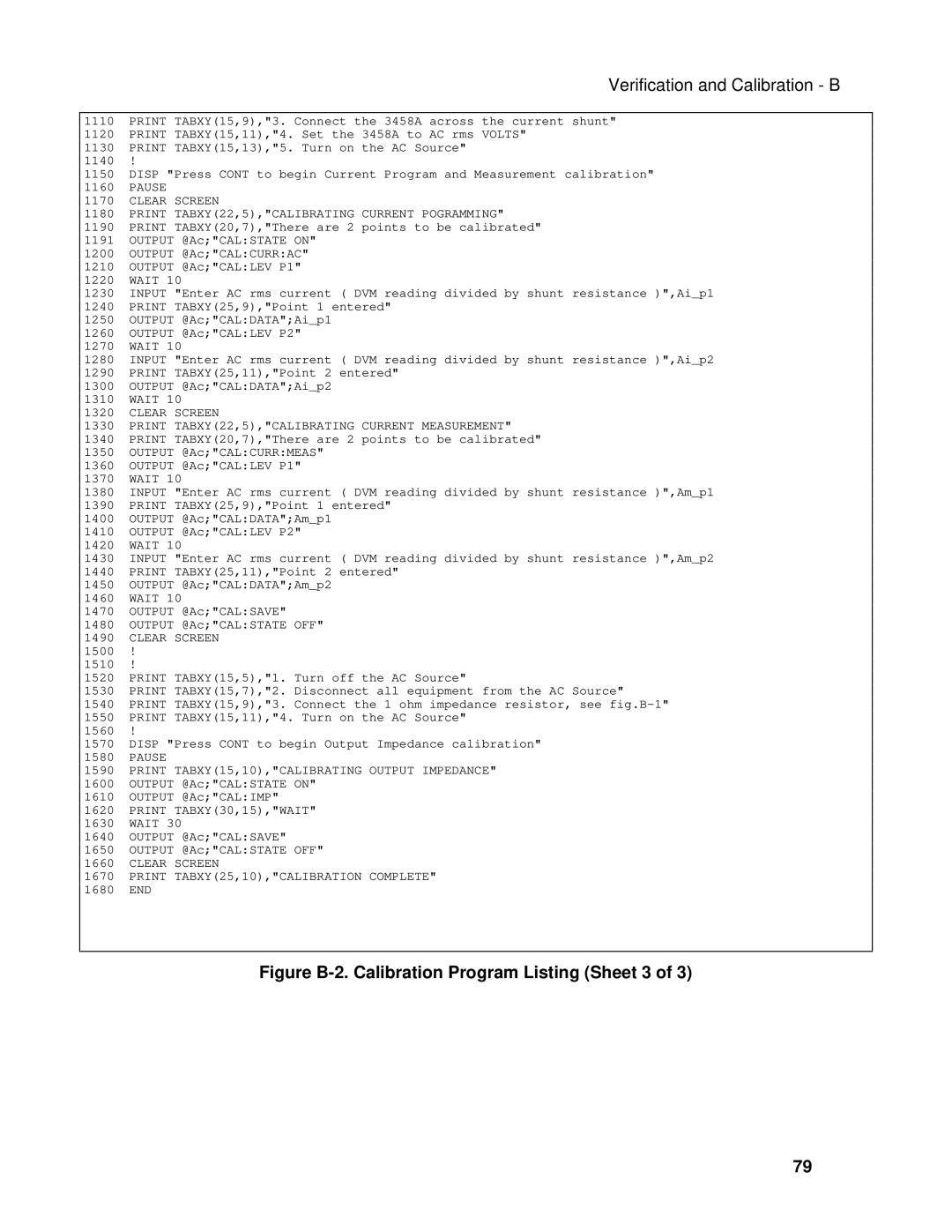 Agilent Technologies 6811B, 6813B, 6812B manual Figure B-2. Calibration Program Listing Sheet 3 