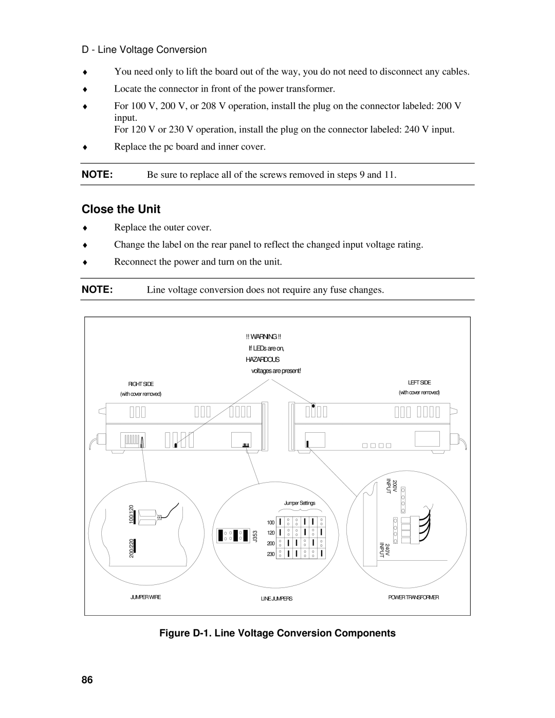 Agilent Technologies 6812B, 6813B, 6811B manual Close the Unit, Figure D-1. Line Voltage Conversion Components 