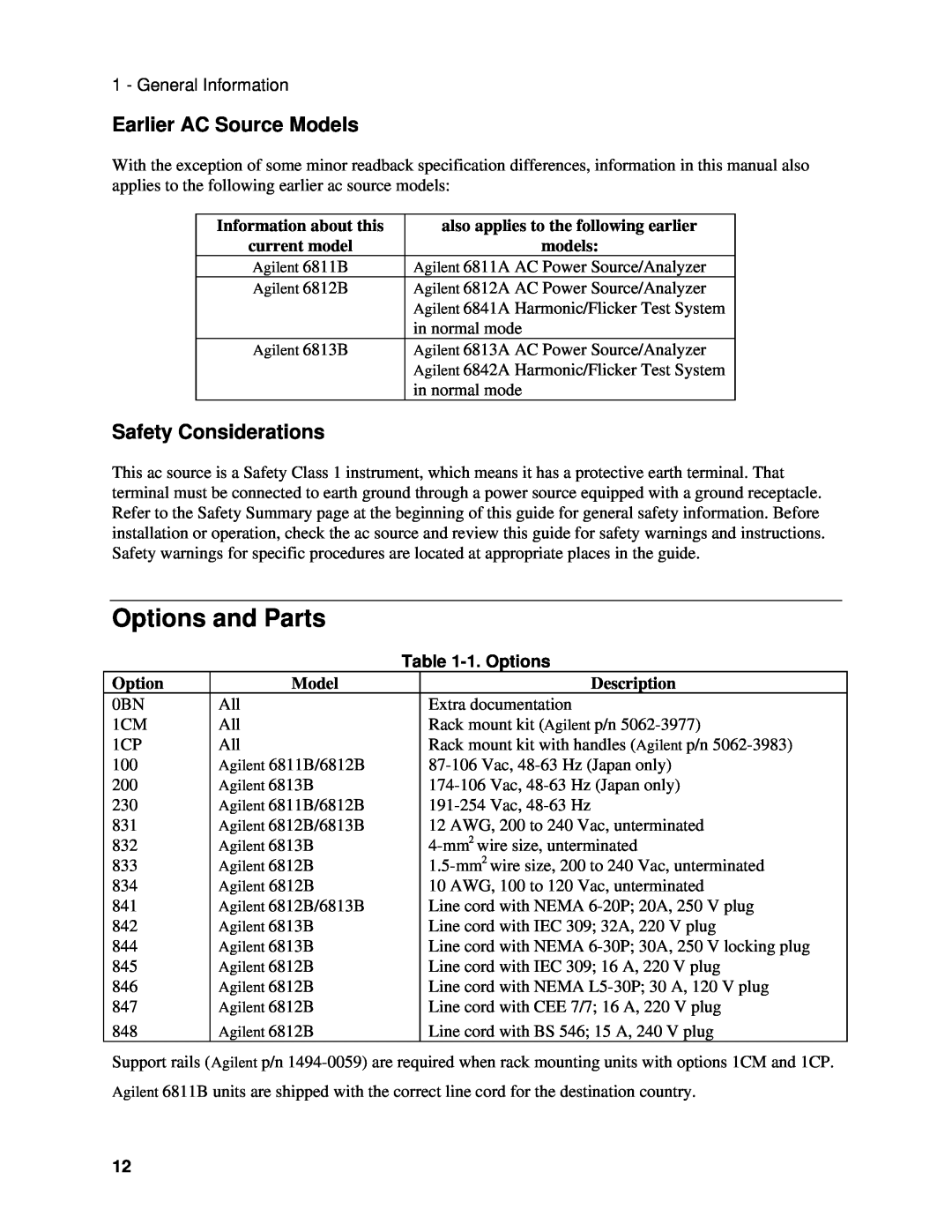 Agilent Technologies 6813B Options and Parts, Earlier AC Source Models, Safety Considerations, 1. Options, Description 
