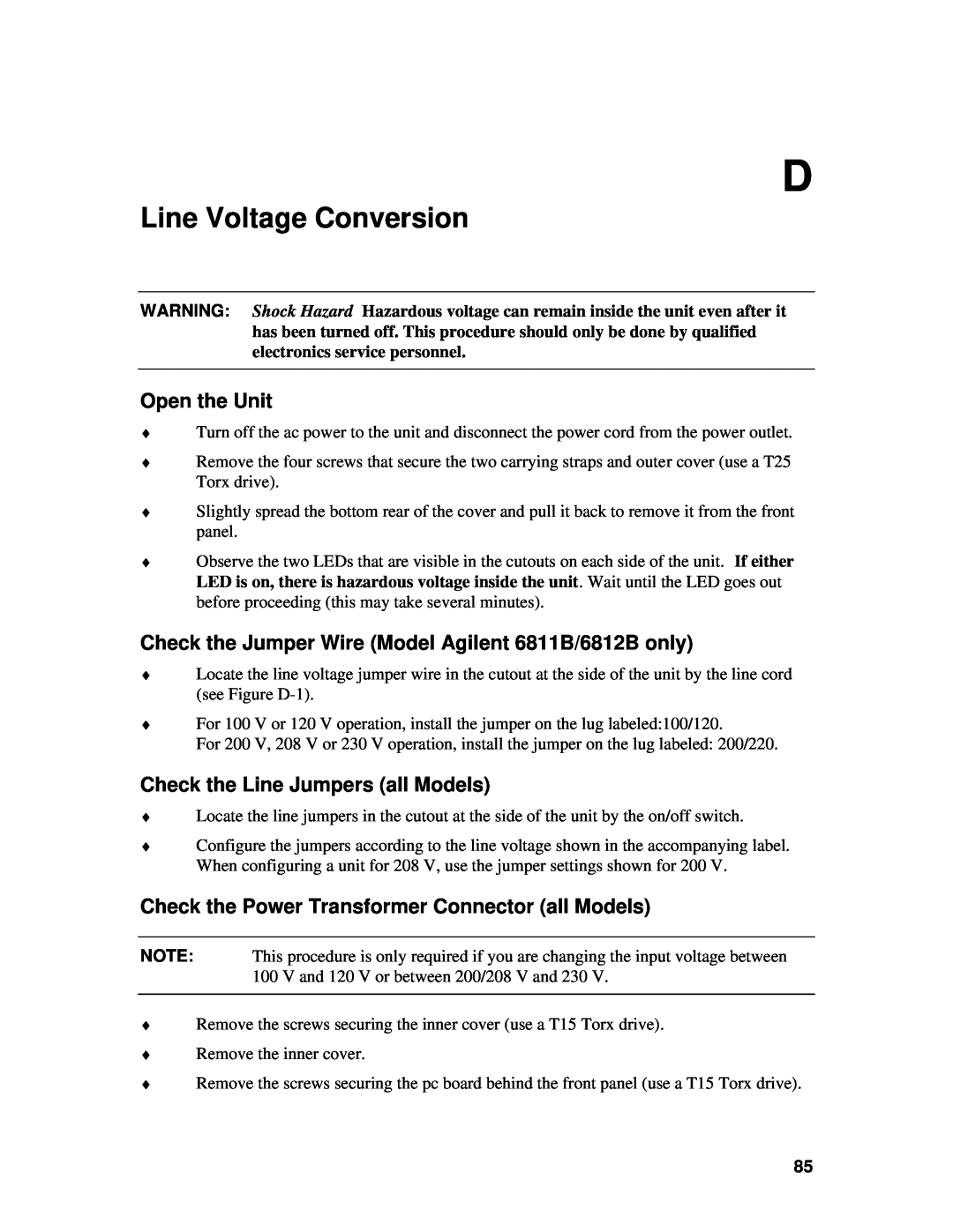 Agilent Technologies manual Line Voltage Conversion, Open the Unit, Check the Jumper Wire Model Agilent 6811B/6812B only 