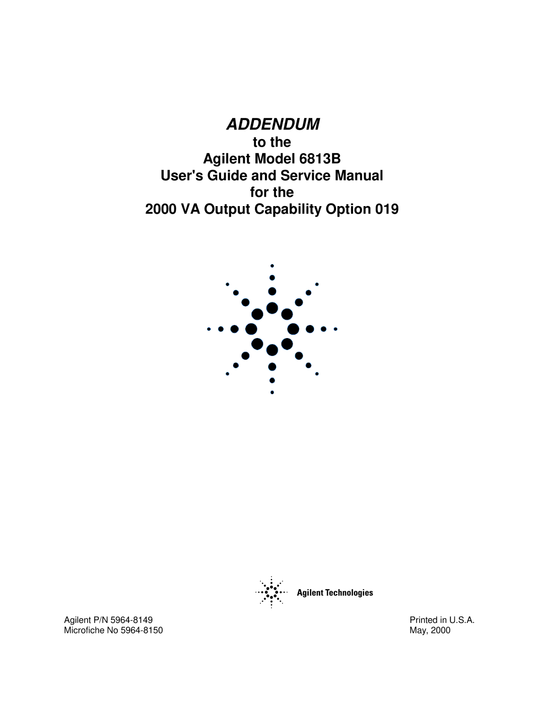 Agilent Technologies service manual Addendum, Agilent Model 6813B For VA Output Capability Option 