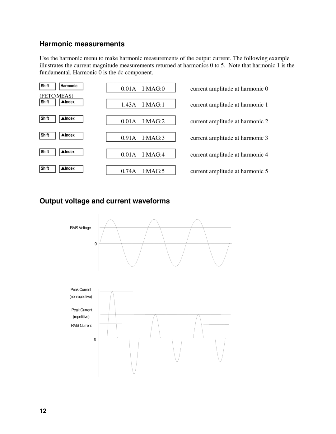 Agilent Technologies 6834B, 6814B, 6843A, 6811B quick start Harmonic measurements, Output voltage and current waveforms 