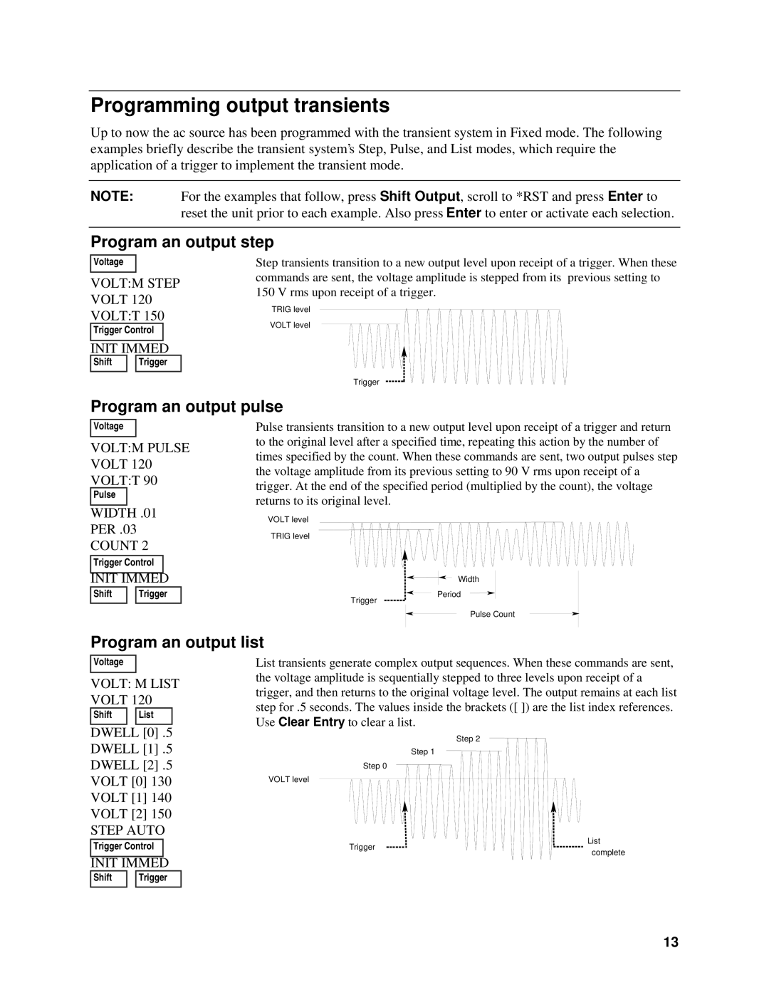 Agilent Technologies 6814B, 6834B, 6843A Programming output transients, Program an output step, Program an output pulse 