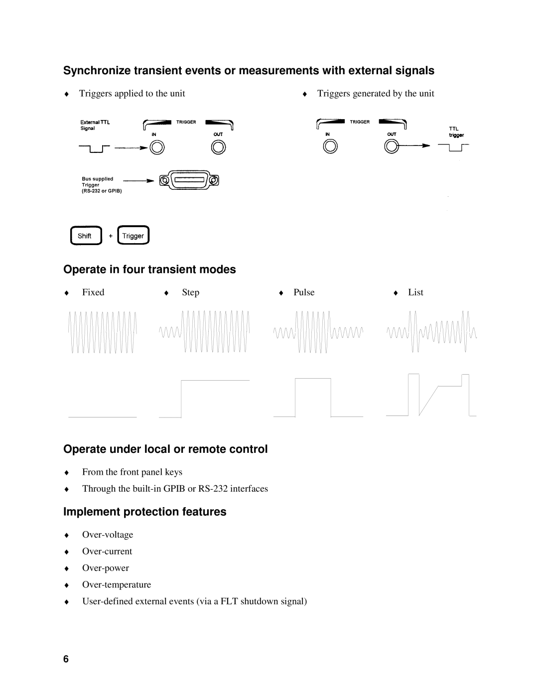 Agilent Technologies 6843A, 6834B, 6814B, 6811B Operate in four transient modes, Operate under local or remote control 