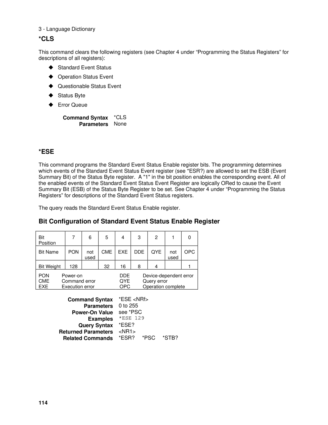 Agilent Technologies 6834B, 6814B, 6843A, 6813B Cls, Ese, Bit Configuration of Standard Event Status Enable Register, 114 