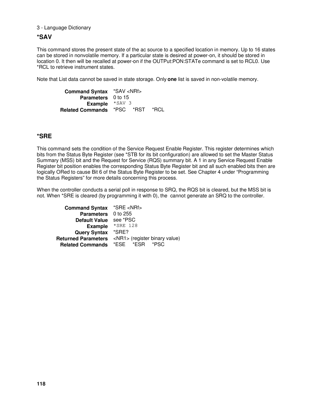 Agilent Technologies 6811B, 6834B manual Sav, Sre, Command Syntax SAV NRf Parameters Example, NR1 register binary value, 118 