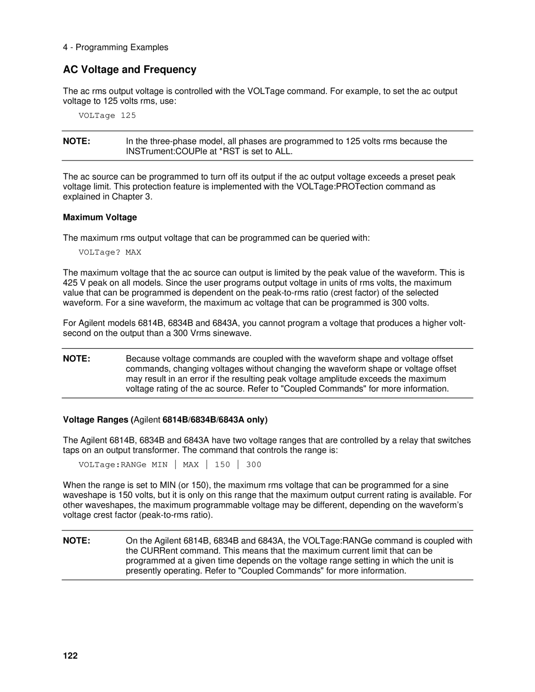 Agilent Technologies AC Voltage and Frequency, Maximum Voltage, Voltage Ranges Agilent 6814B/6834B/6843A only, 122 