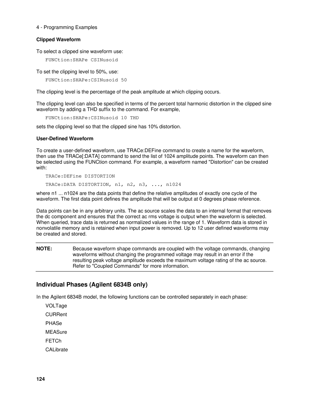 Agilent Technologies 6811B, 6814B, 6843A Individual Phases Agilent 6834B only, Clipped Waveform, User-Defined Waveform, 124 