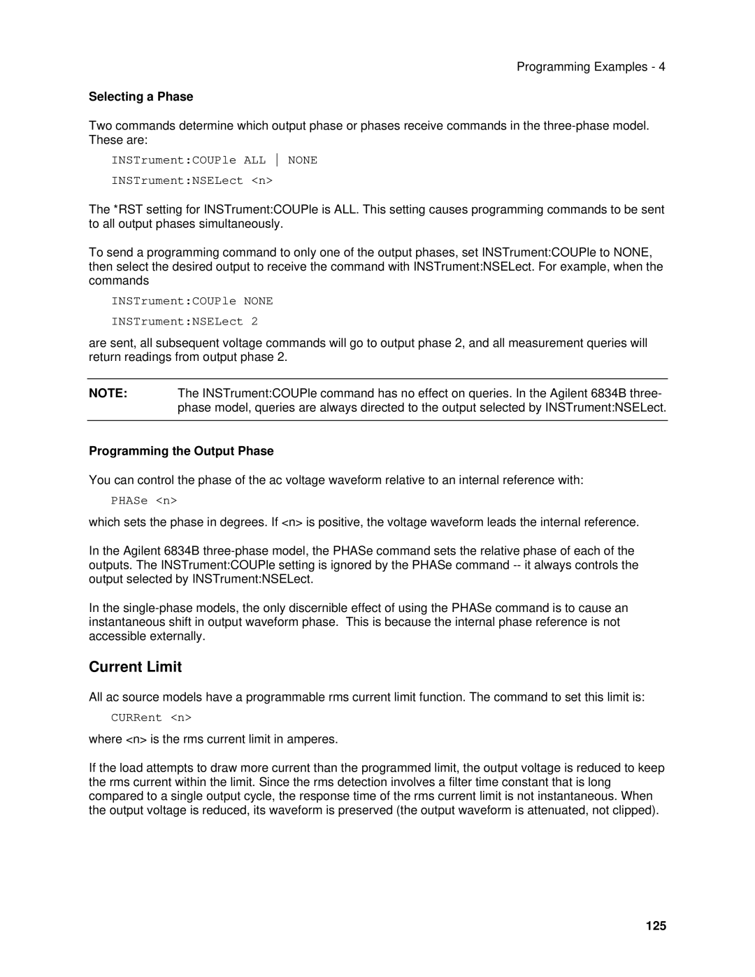 Agilent Technologies 6812B, 6834B, 6814B, 6843A, 6813B Current Limit, Selecting a Phase, Programming the Output Phase, 125 