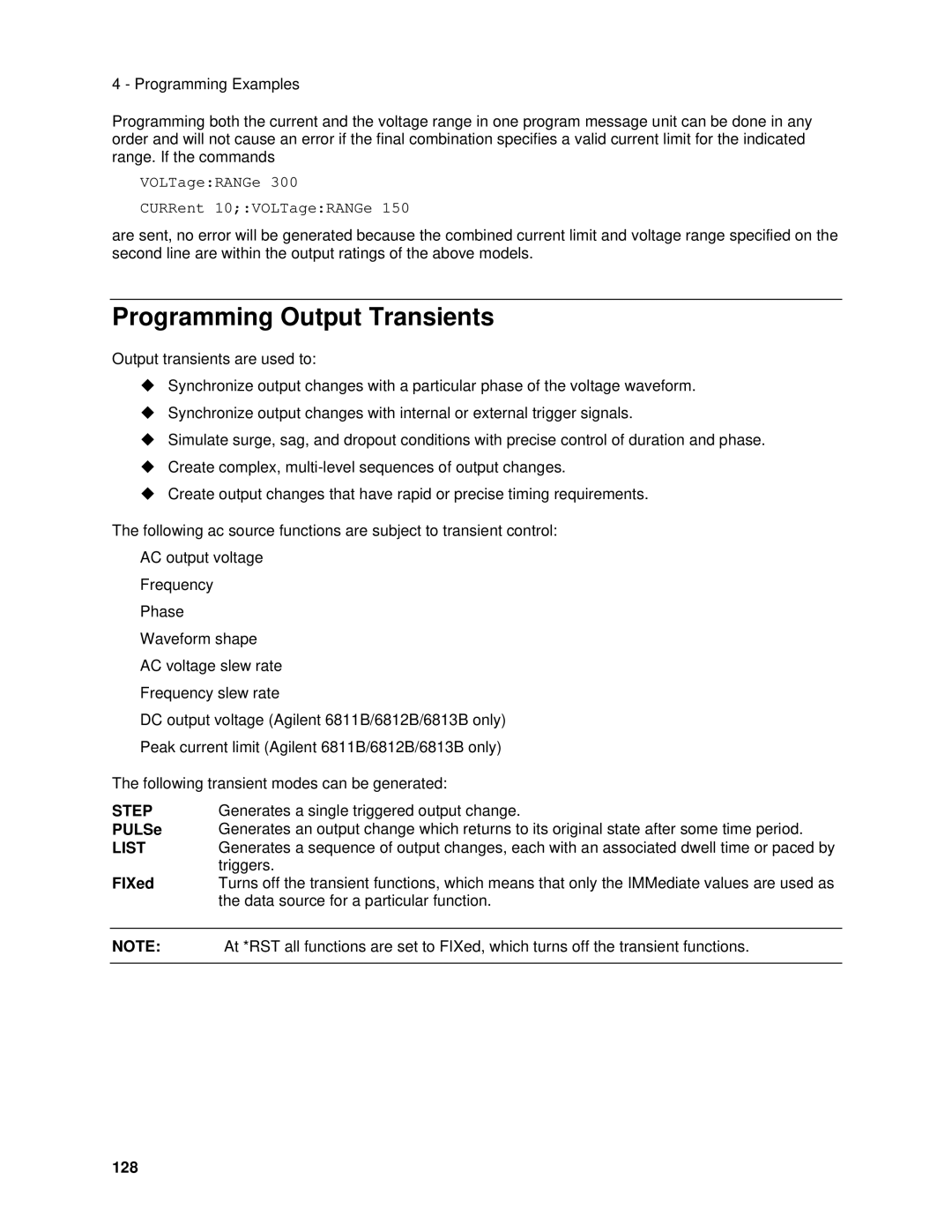 Agilent Technologies 6843A, 6834B, 6814B, 6813B manual Programming Output Transients, VOLTageRANGe CURRent 10VOLTageRANGe, 128 
