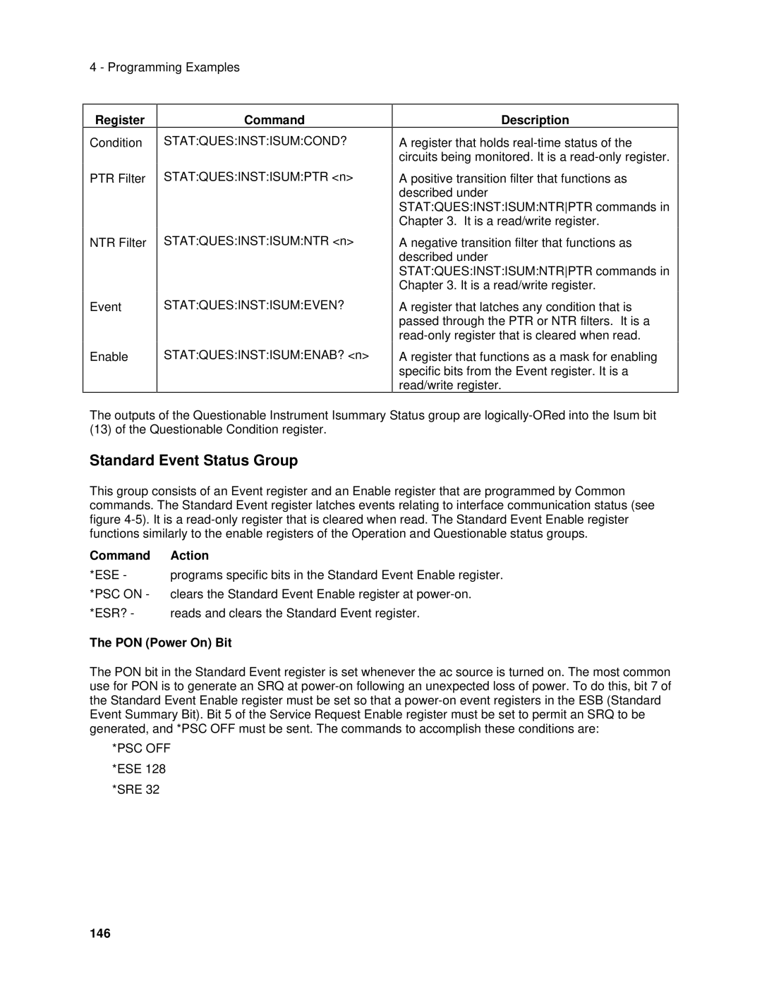 Agilent Technologies 6843A, 6834B, 6814B, 6813B, 6811B Standard Event Status Group, Command Action, PON Power On Bit, 146 