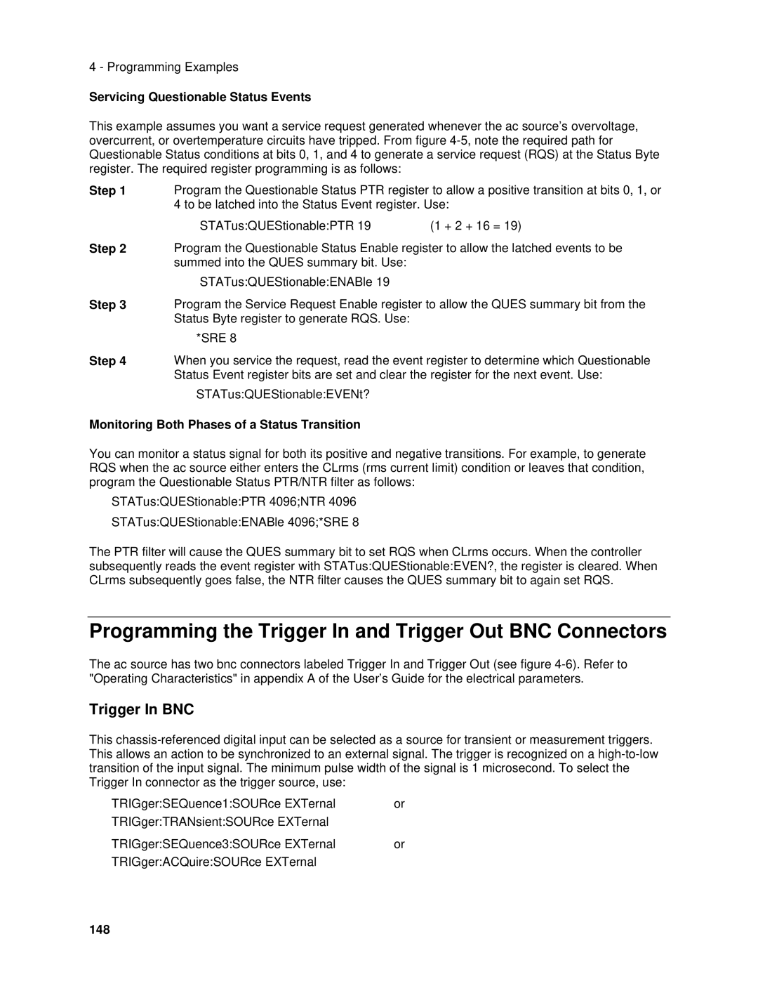 Agilent Technologies 6811B, 6834B, 6814B Programming the Trigger In and Trigger Out BNC Connectors, Trigger In BNC, 148 